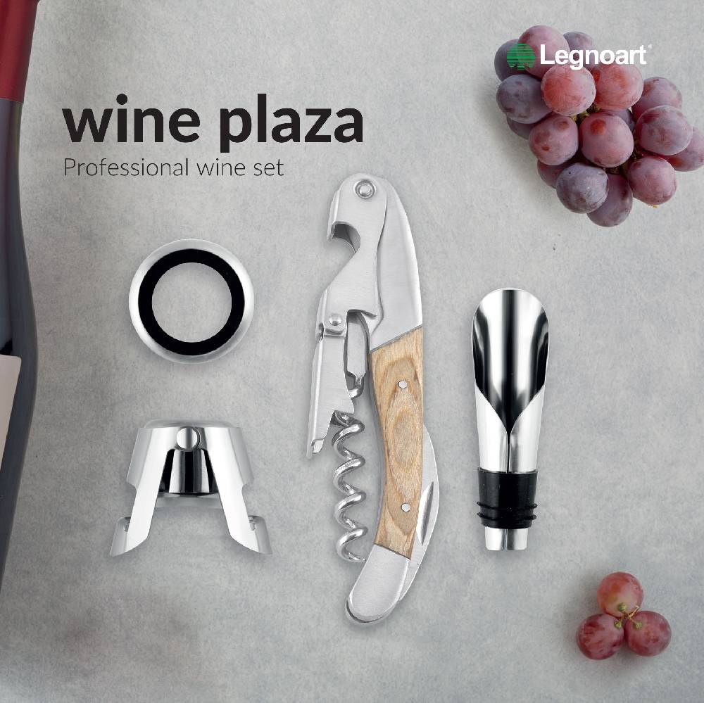 Legnoart WINE PLAZA Set degustazione per gli amanti del vino completo di cavatappi, tappo per spumanti, anello salvagoccia e tappo versatore