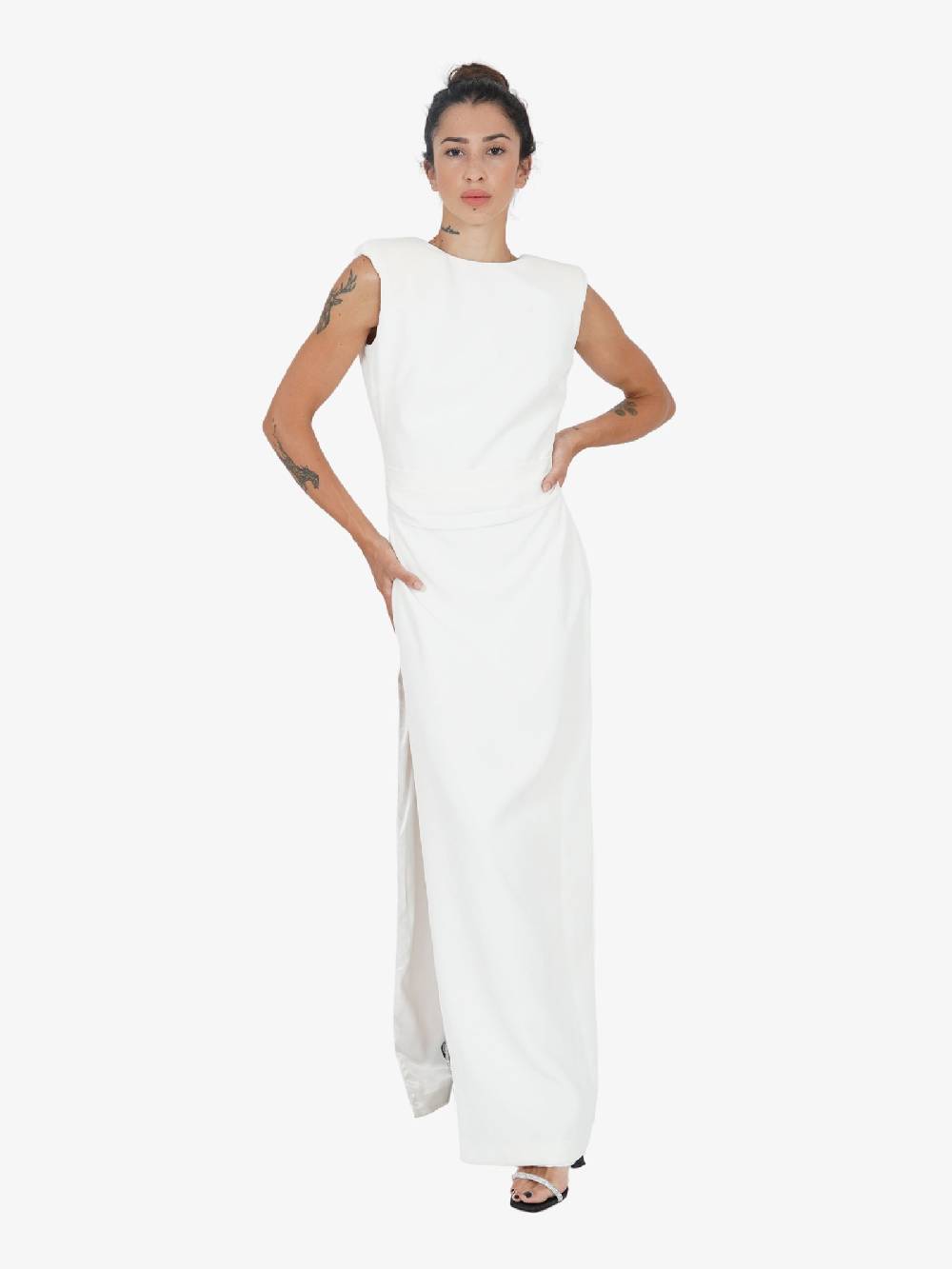 MANGANO Abito Lungo Aderente A048 Donna Con Zip Schiena Bianco