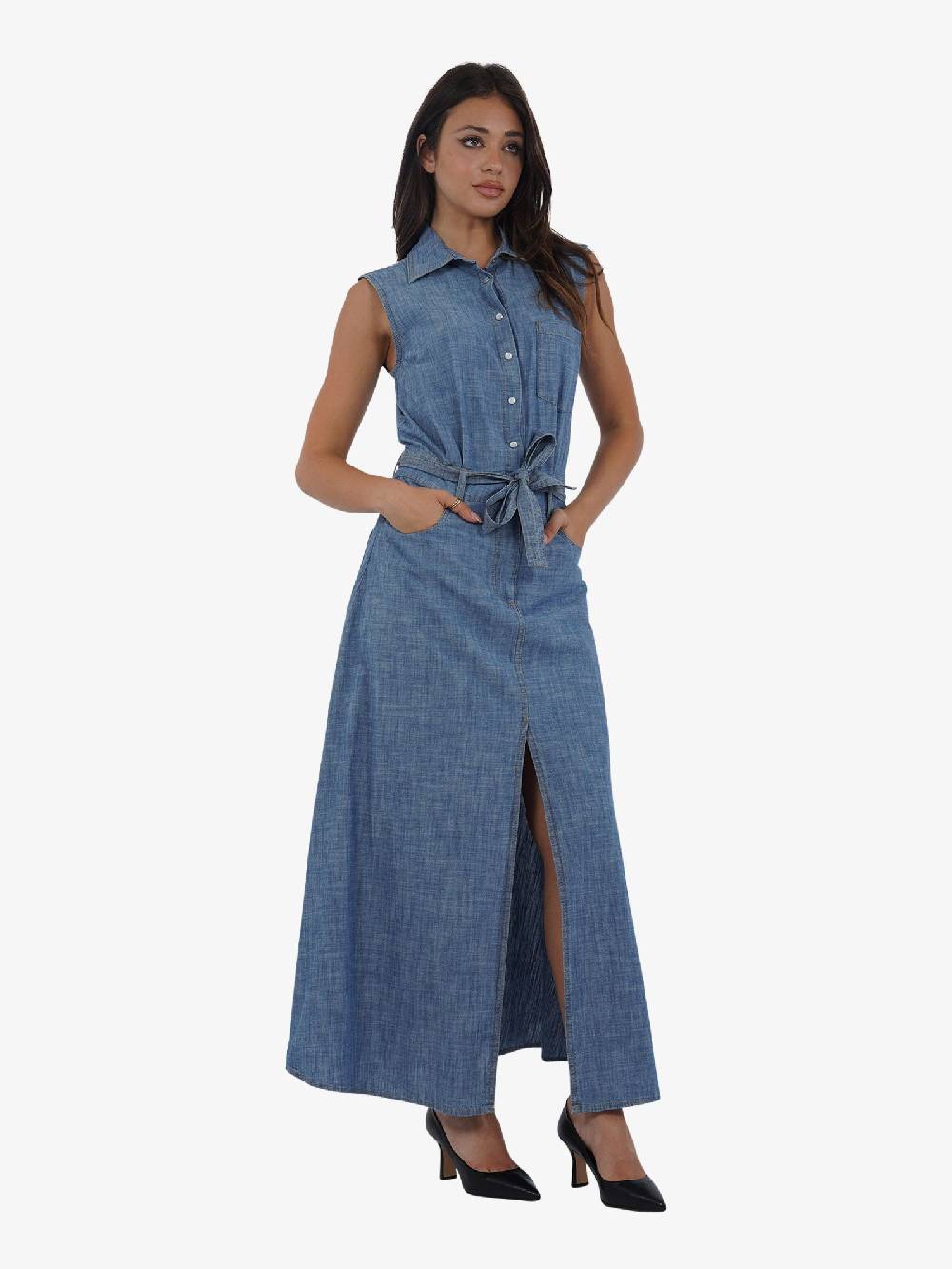 SEMICOUTURE Abito Lungo Con Cintura In Chambray S4SY16 Donna Cotone Denim