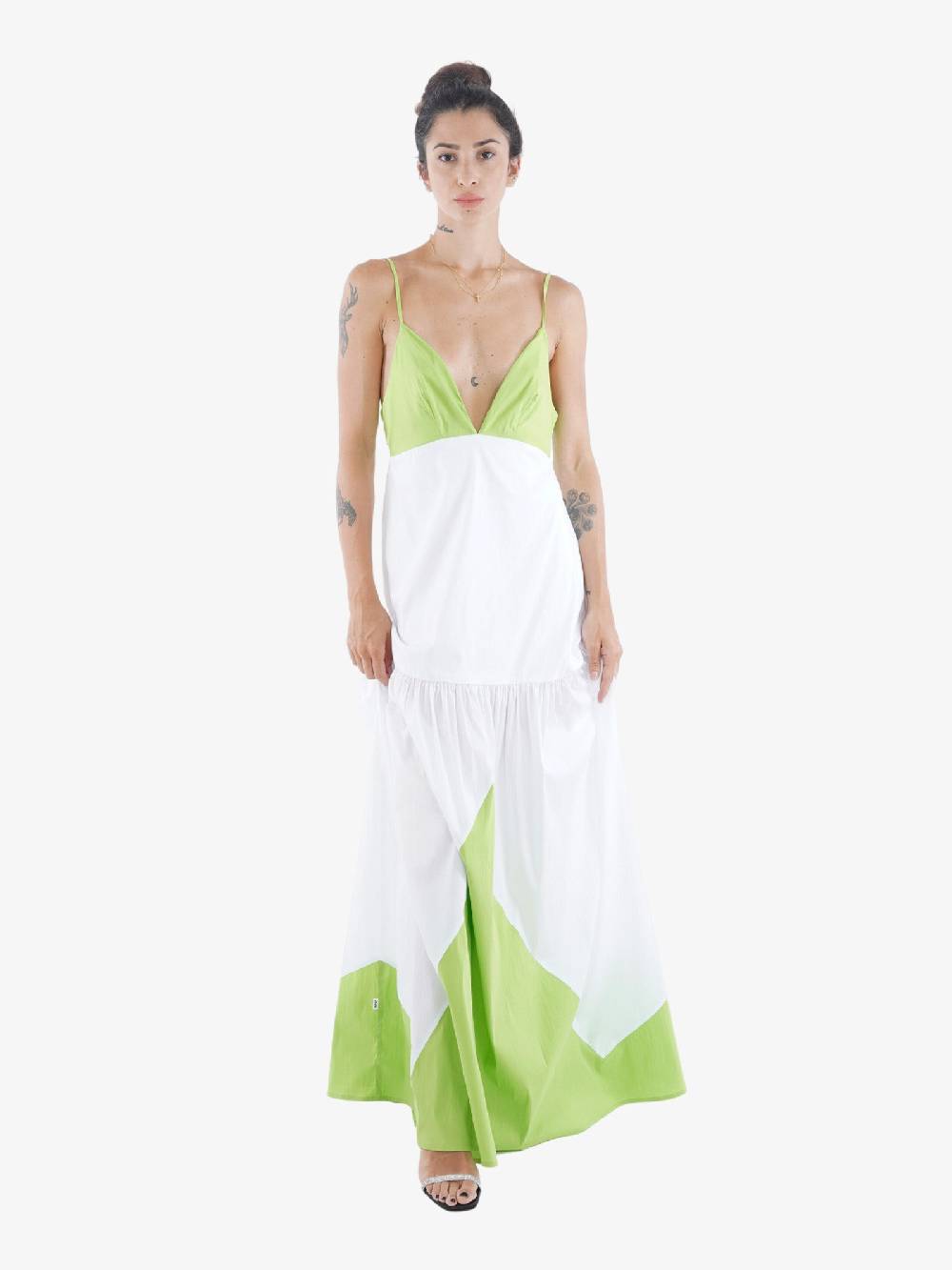 JIJIL Abito Lungo Donna In Cotone Bicolore Bianco/verde