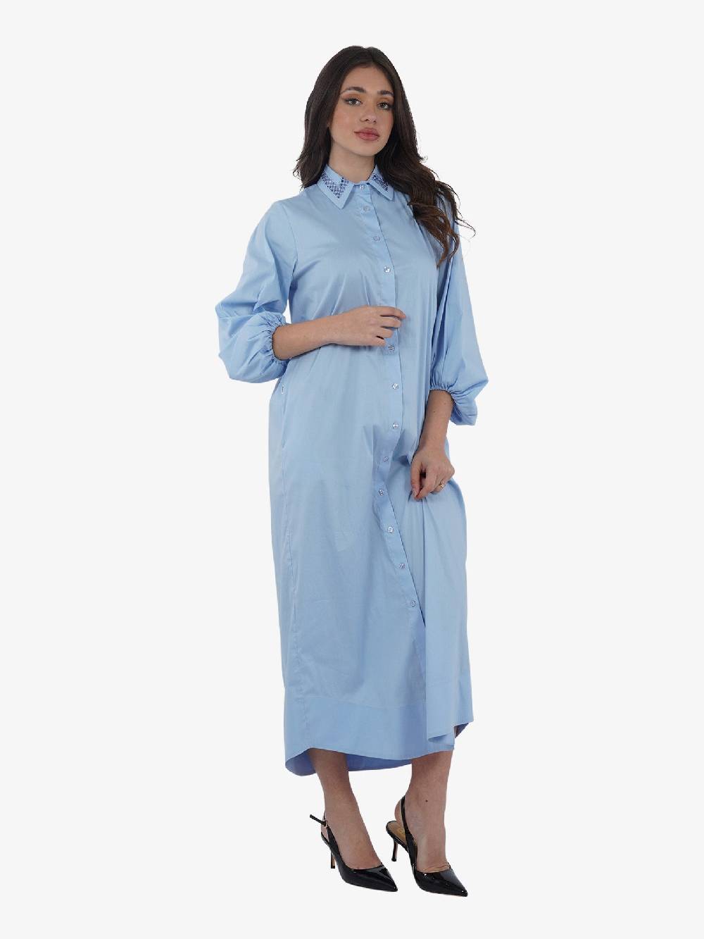 JIJIL Abito Lungo Maxi A Camicia AB061 Donna Cotone Azzurro