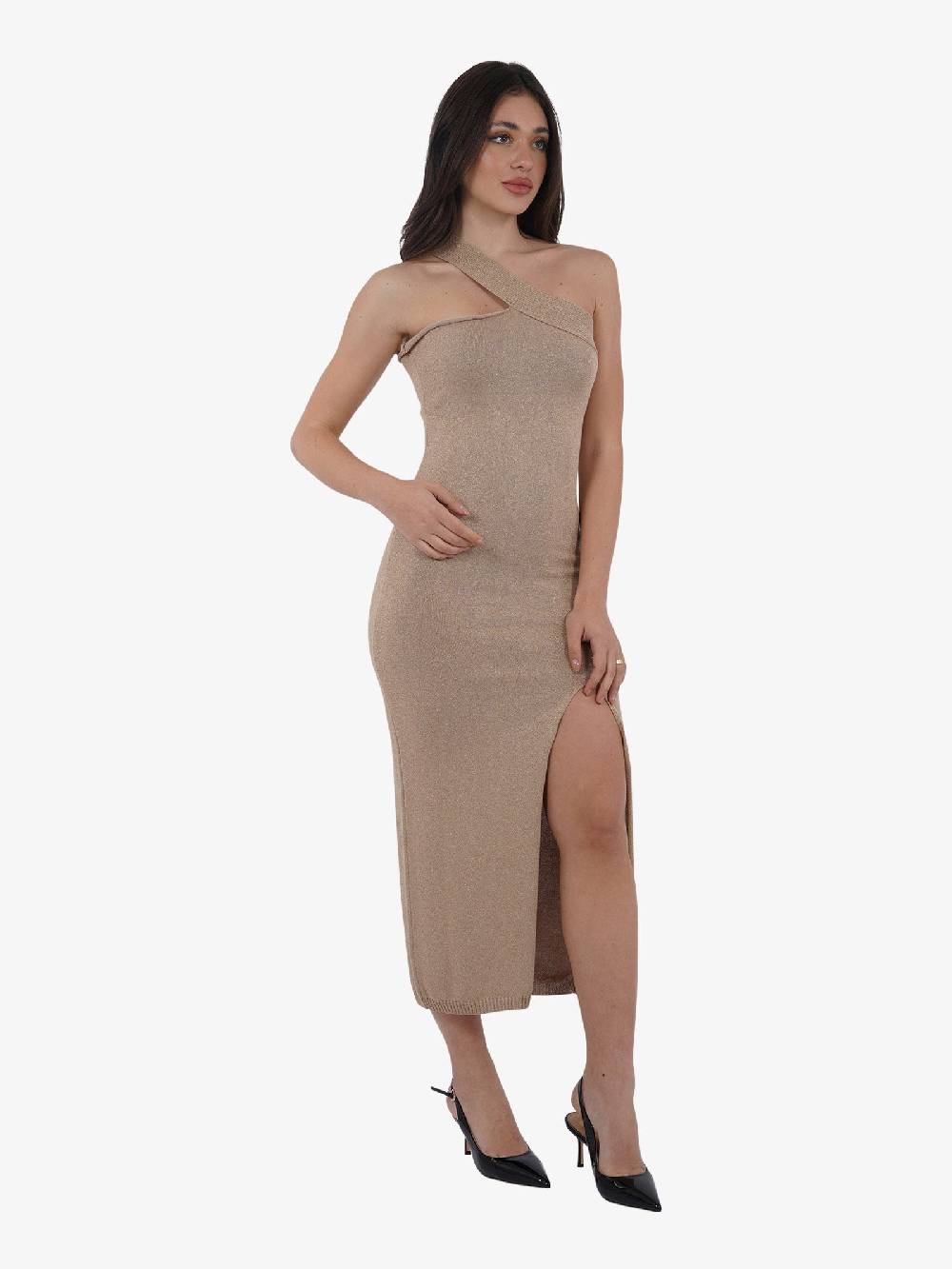 AKEP Abito Lungo Monospalla In Lurex VSKD05050 Donna Viscosa Beige