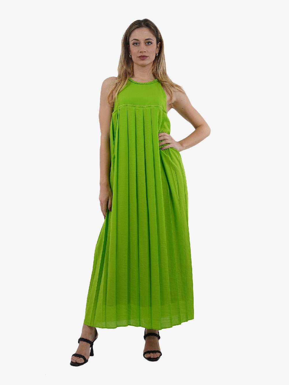 ALYSI Abito Voile Plissé Girocollo Donna Verde