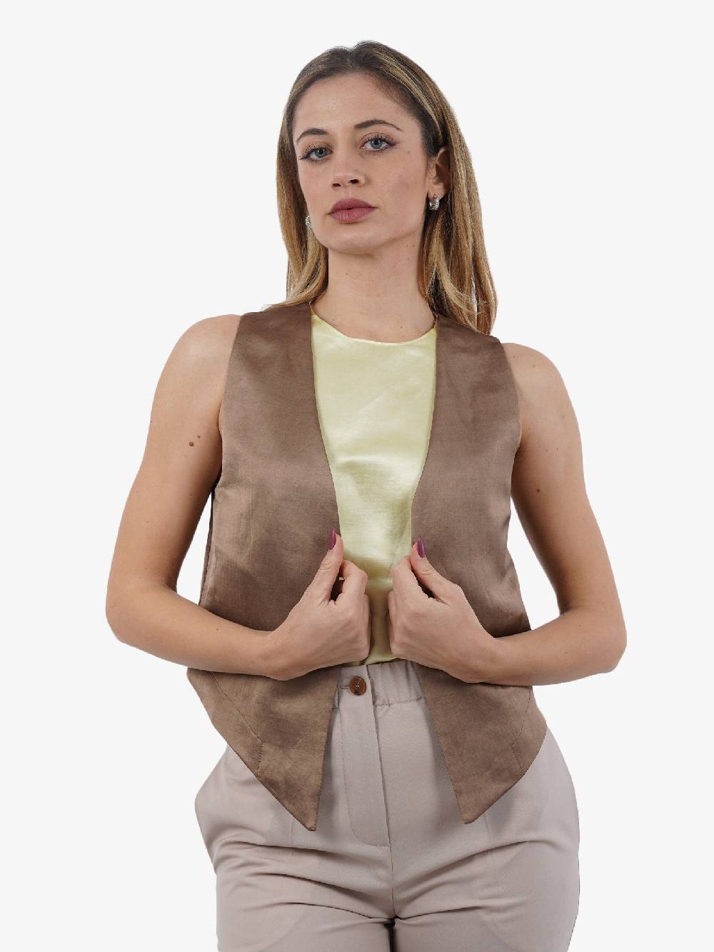 ALYSI Gilet In Lino Donna Marrone