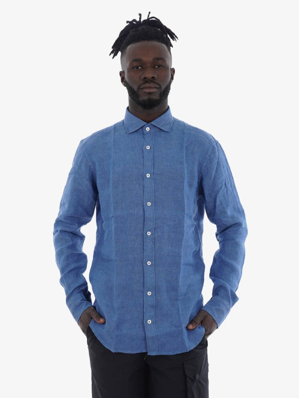 BASTONCINO Camicia Simo Collo 164 Uomo In Lino Blu