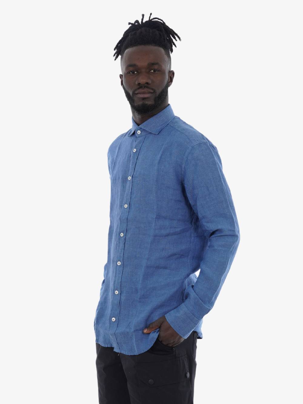 BASTONCINO Camicia Simo Collo 164 Uomo In Lino Blu