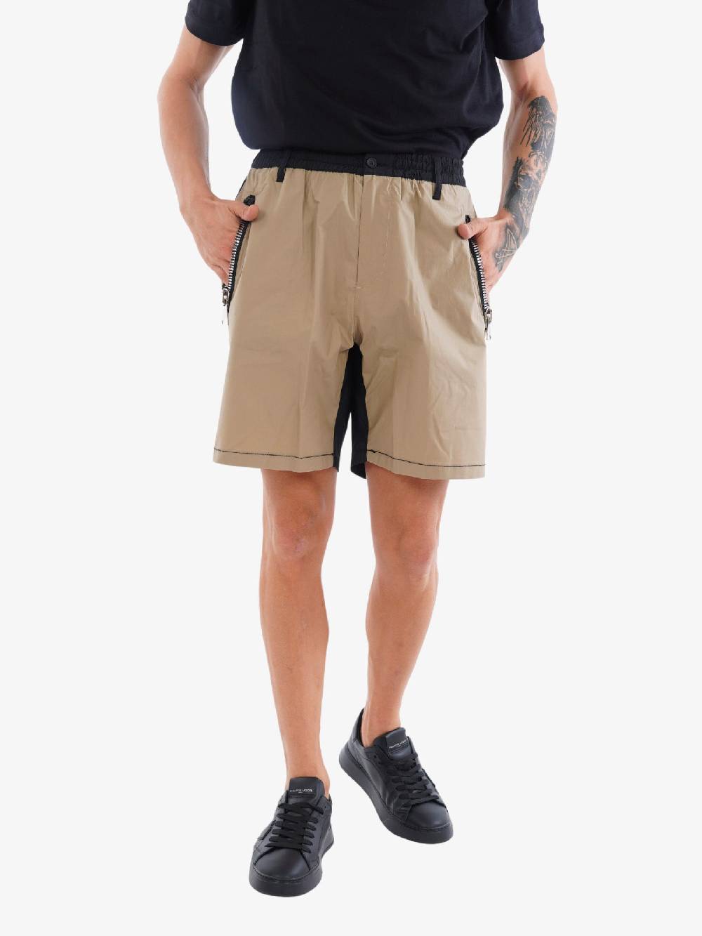 YES LONDON Bermuda Bicolore XS4185 Uomo In Cotone Beige/nero Tasca Con Zip