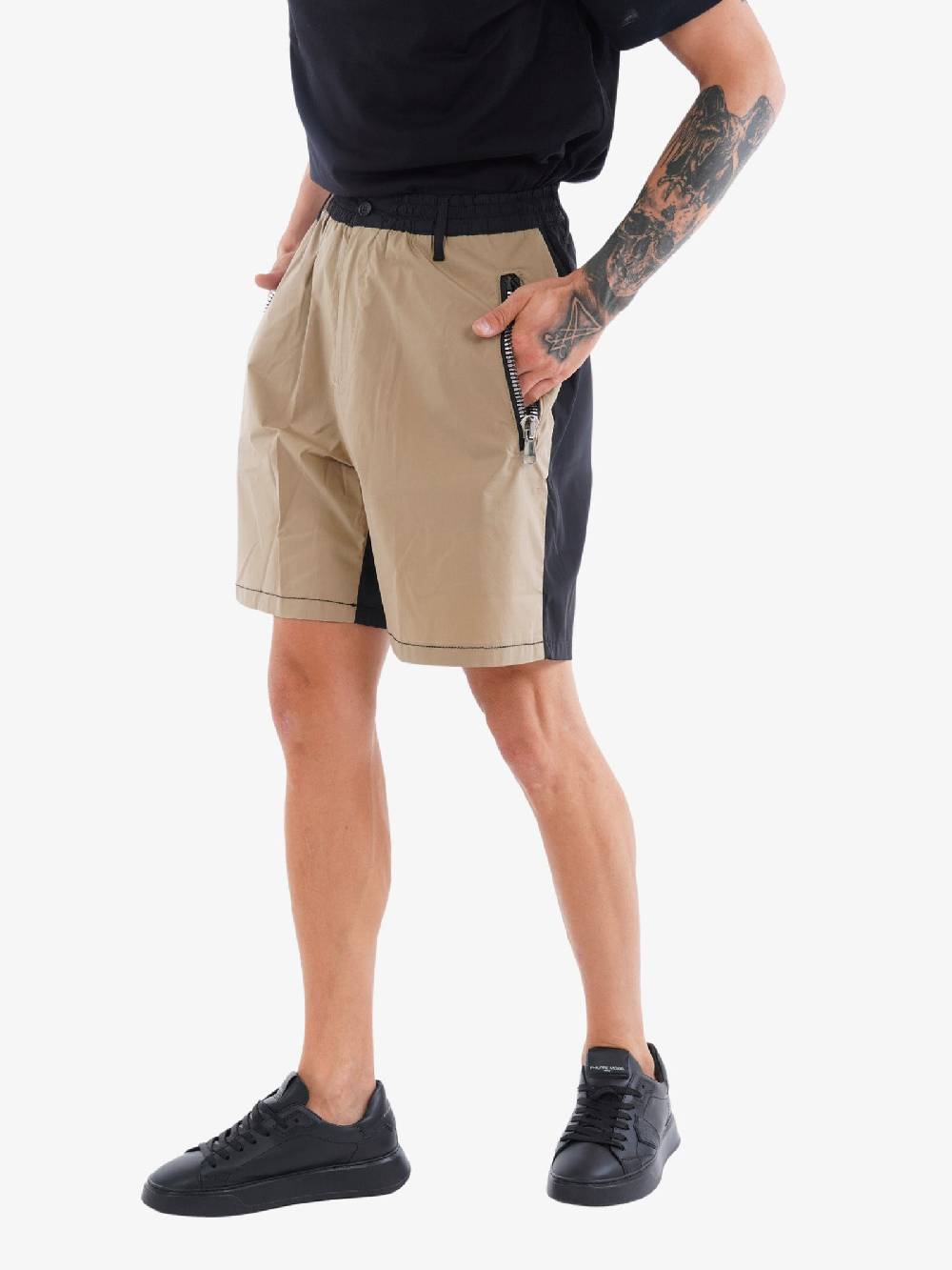 YES LONDON Bermuda Bicolore XS4185 Uomo In Cotone Beige/nero Tasca Con Zip