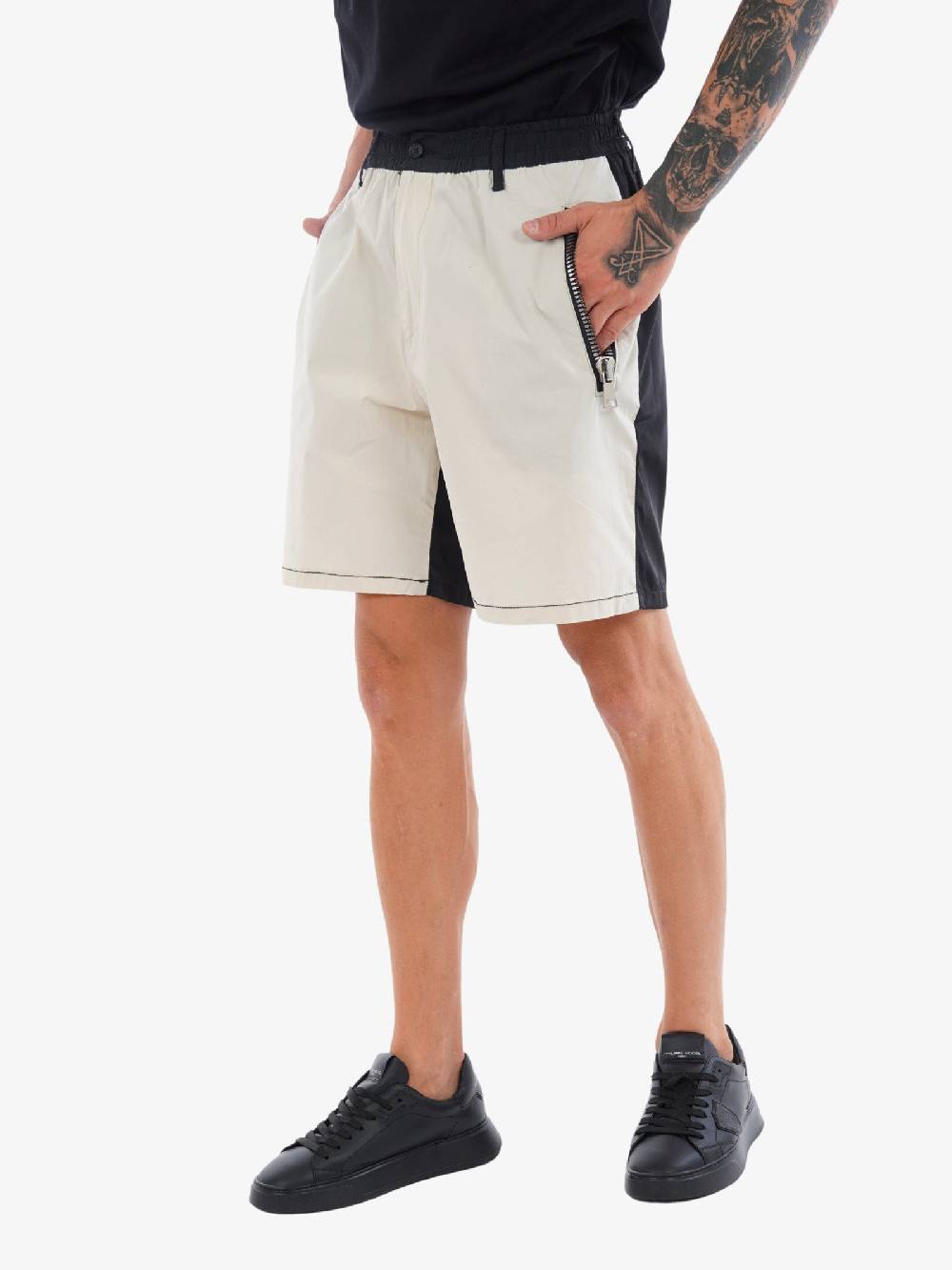 YES LONDON Bermuda Bicolore XS4185 Uomo In Cotone Bianco/nero Tasca Con Zip