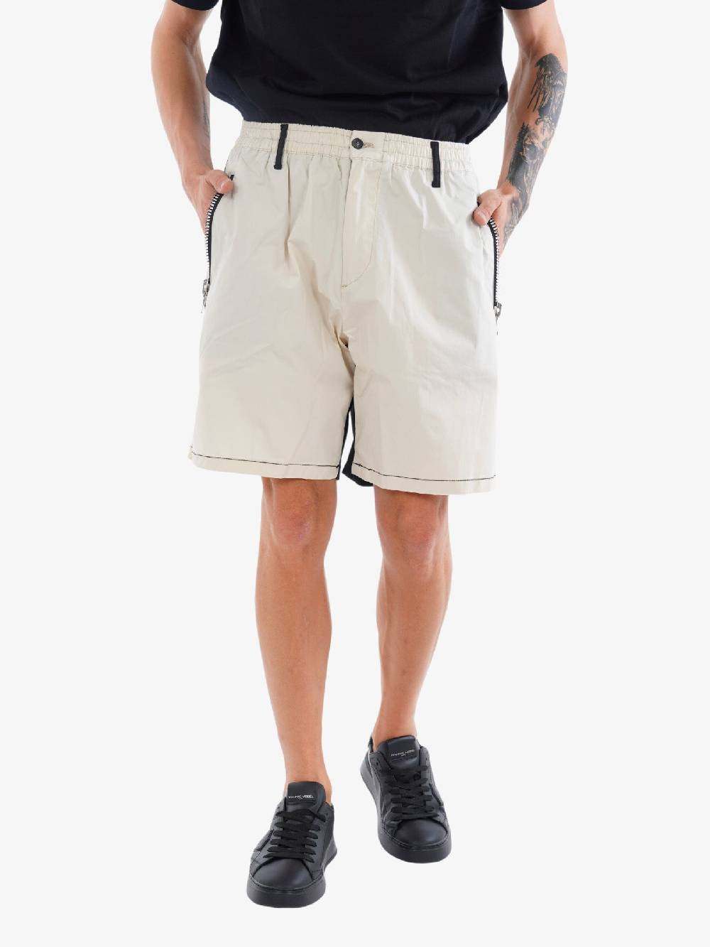 YES LONDON Bermuda Bicolore XS4185 Uomo In Cotone Nero/bianco Tasca Con Zip