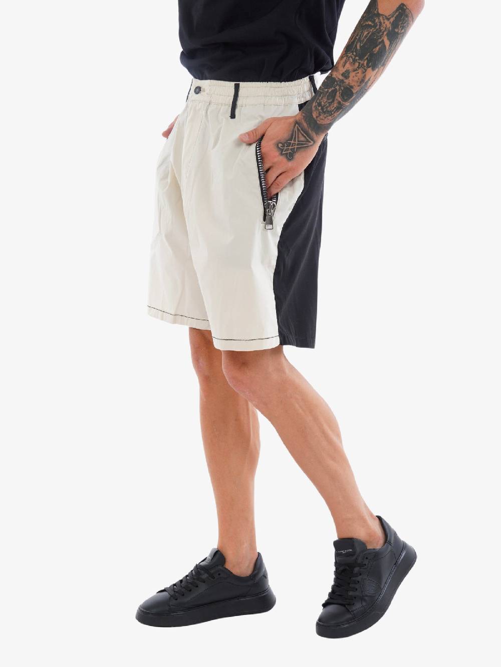 YES LONDON Bermuda Bicolore XS4185 Uomo In Cotone Nero/bianco Tasca Con Zip