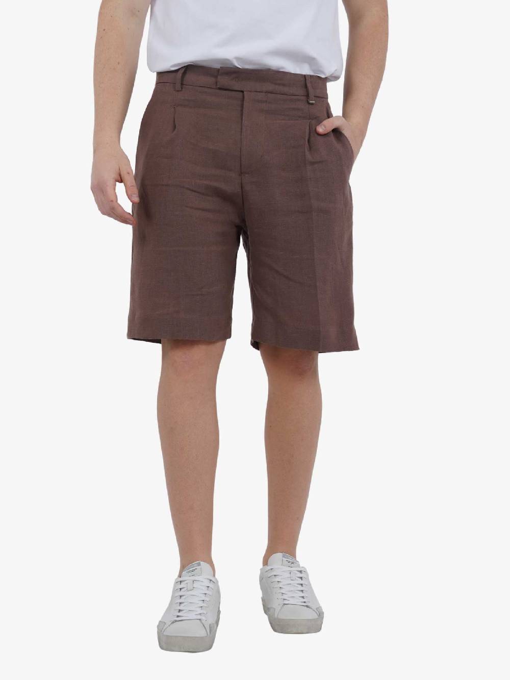 I'M BRIAN Bermuda con pinces BE2833 uomo lino marrone