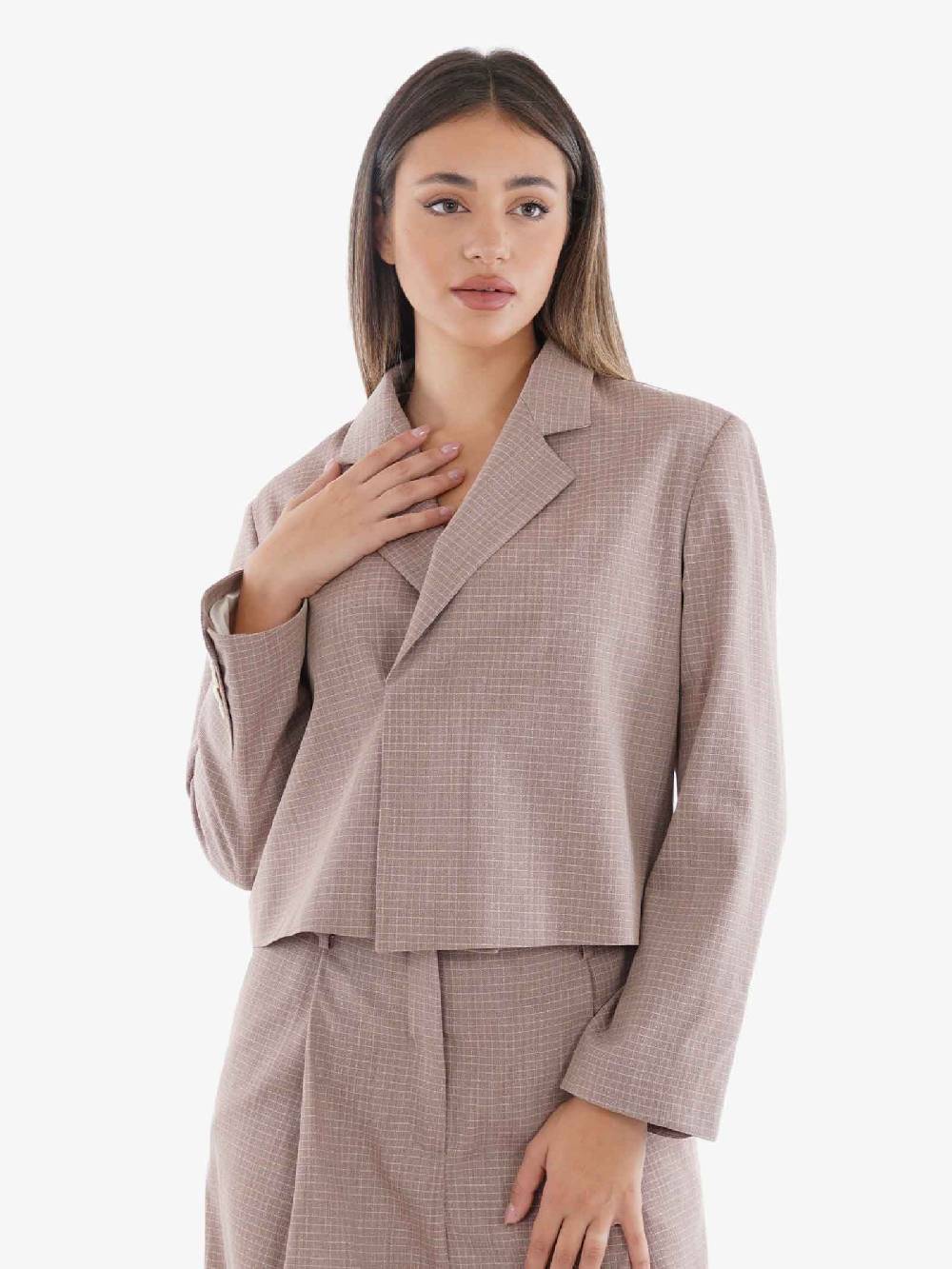 ALYSI Blazer Giacca Boxy Micro Check Donna In Viscosa Cannella