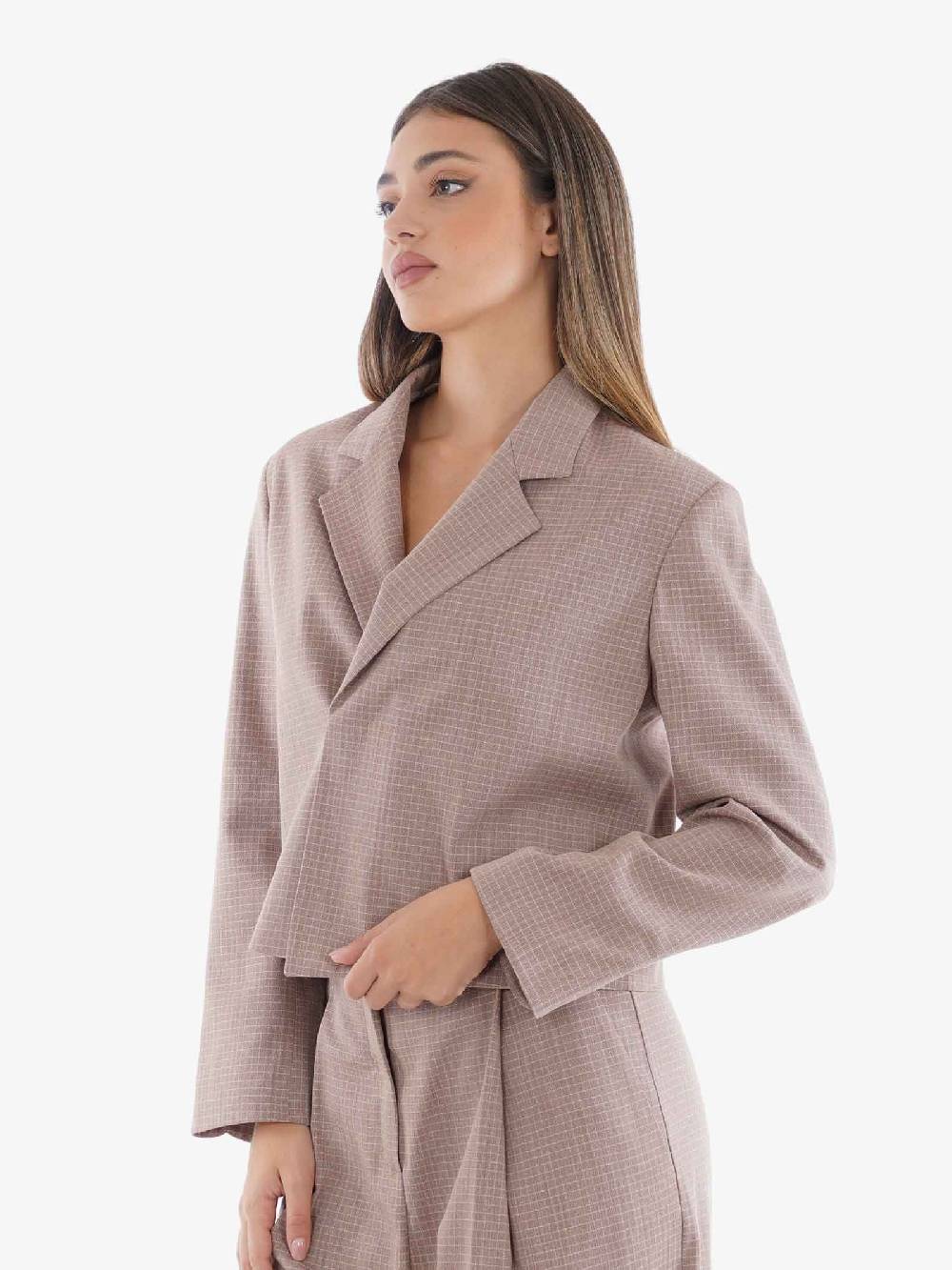 ALYSI Blazer Giacca Boxy Micro Check Donna In Viscosa Cannella