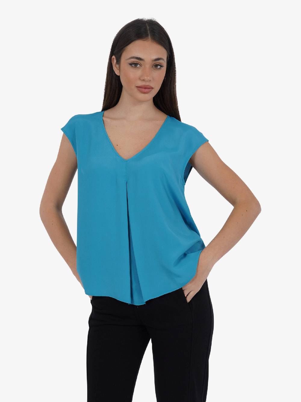 JIJIL Blusa A Maniche Corte BL298 Donna In Misto Seta Azzurro