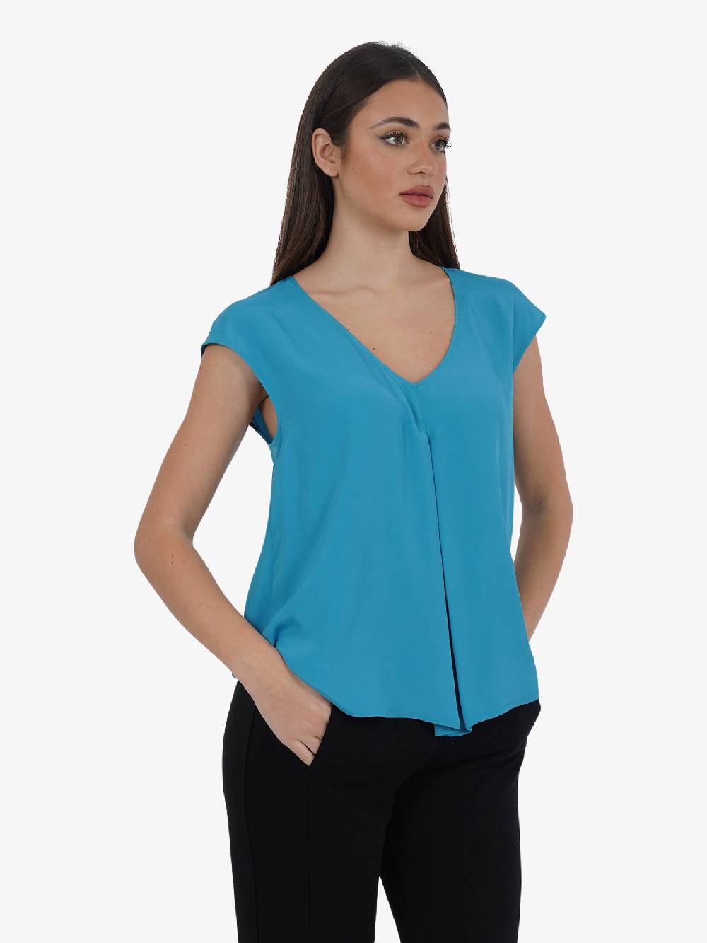 JIJIL Blusa A Maniche Corte BL298 Donna In Misto Seta Azzurro