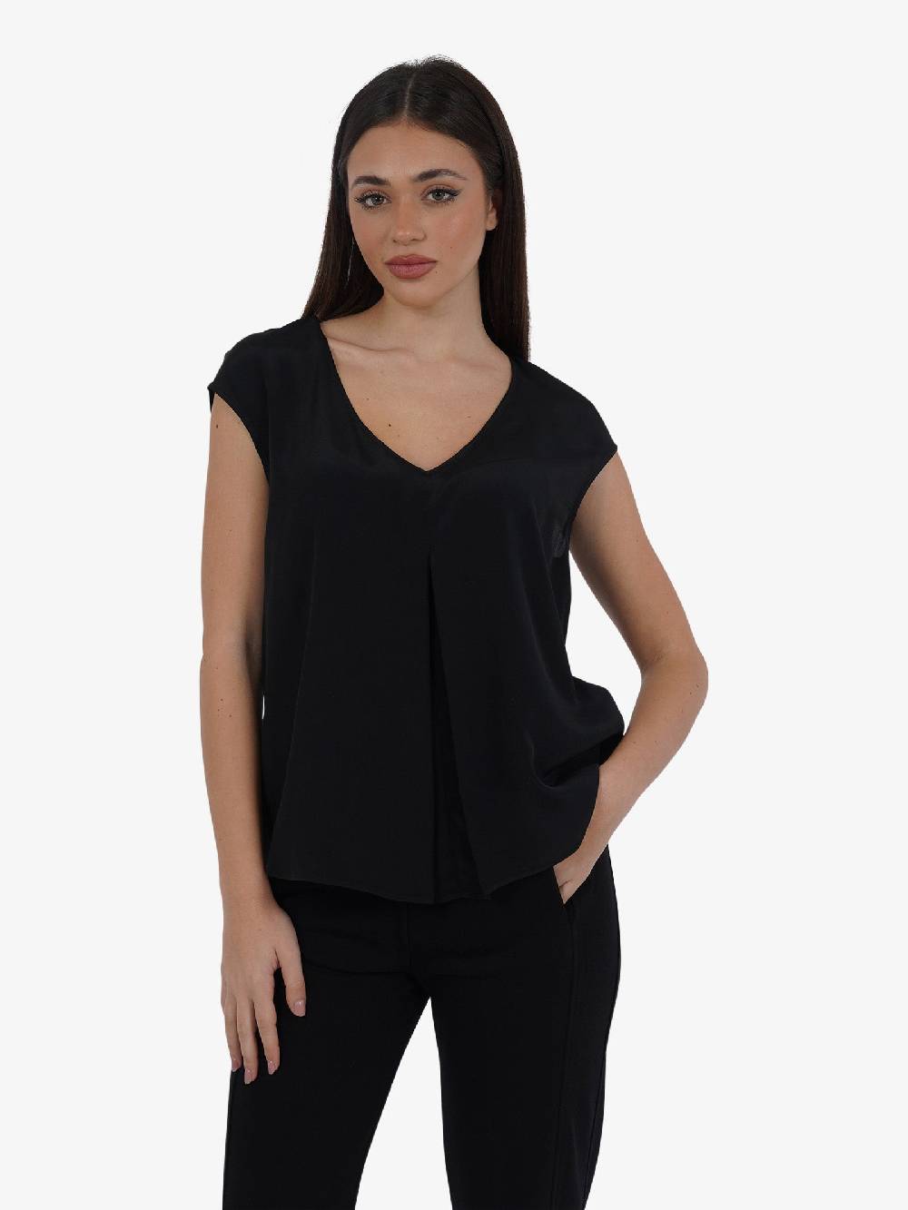 JIJIL Blusa A Maniche Corte BL298 Donna In Misto Seta Nero