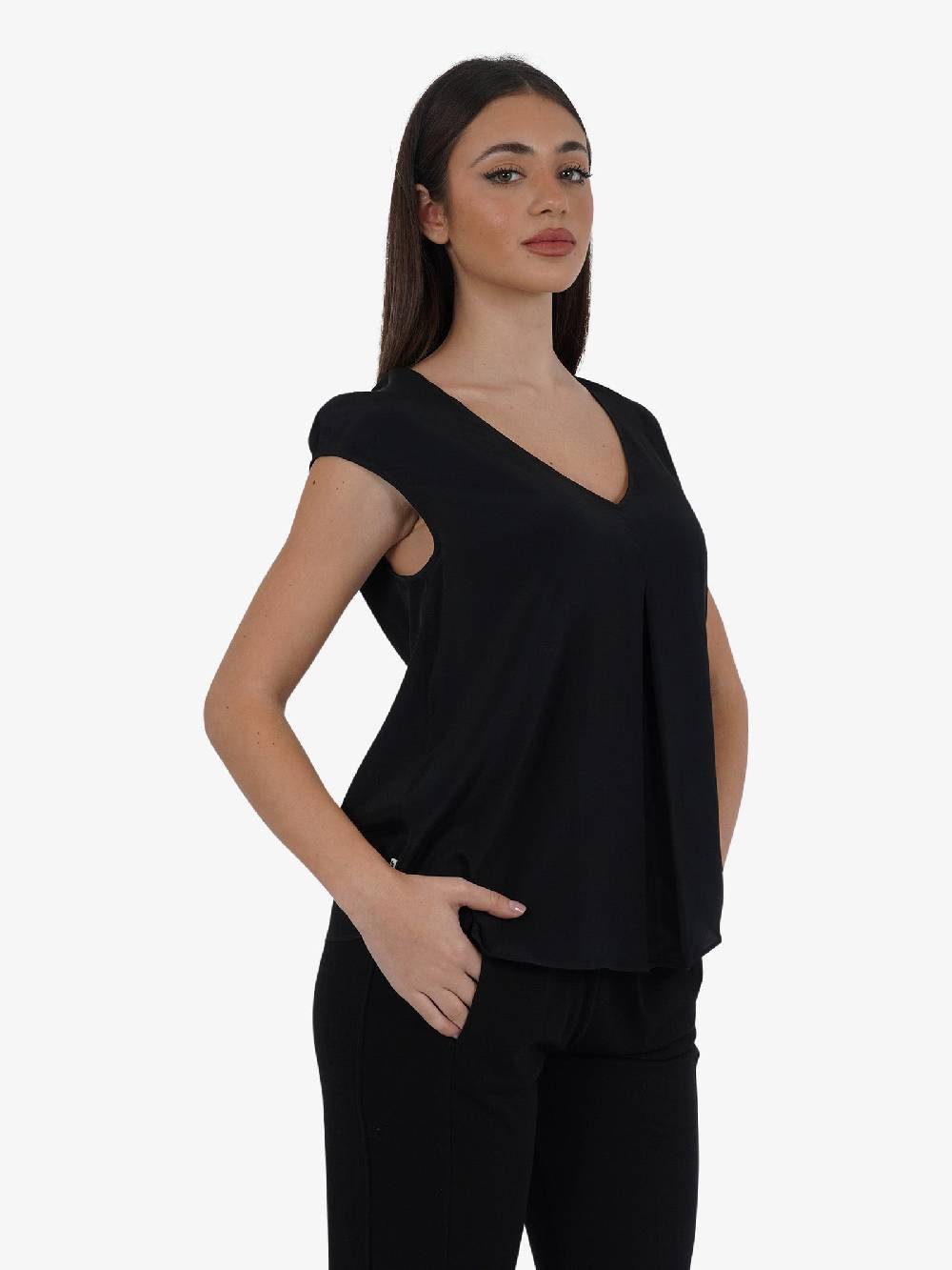 JIJIL Blusa A Maniche Corte BL298 Donna In Misto Seta Nero