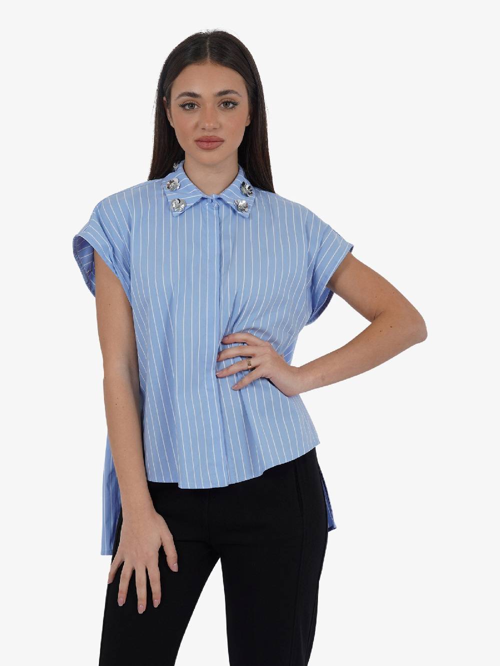 JIJIL Camicia Asimmetrica CA235 Donna In Cotone A Righe Azzurro