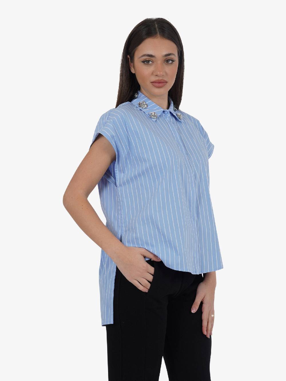 JIJIL Camicia Asimmetrica CA235 Donna In Cotone A Righe Azzurro