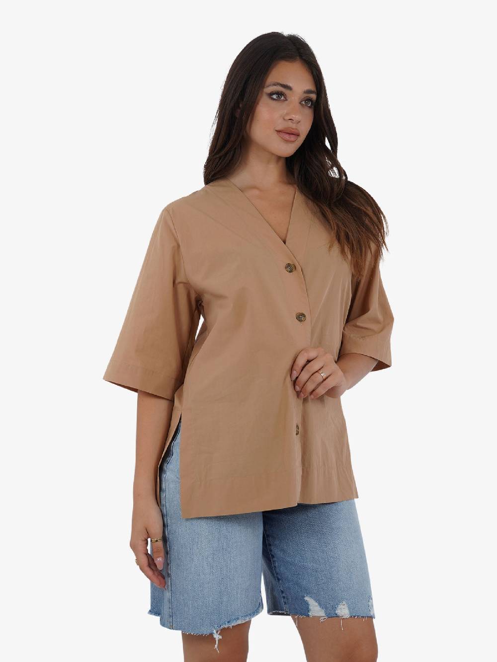 OTTOD'AME Camicia In Popeline Con Mezza Manica PCH_DC4940 Donna Cotone Marrone