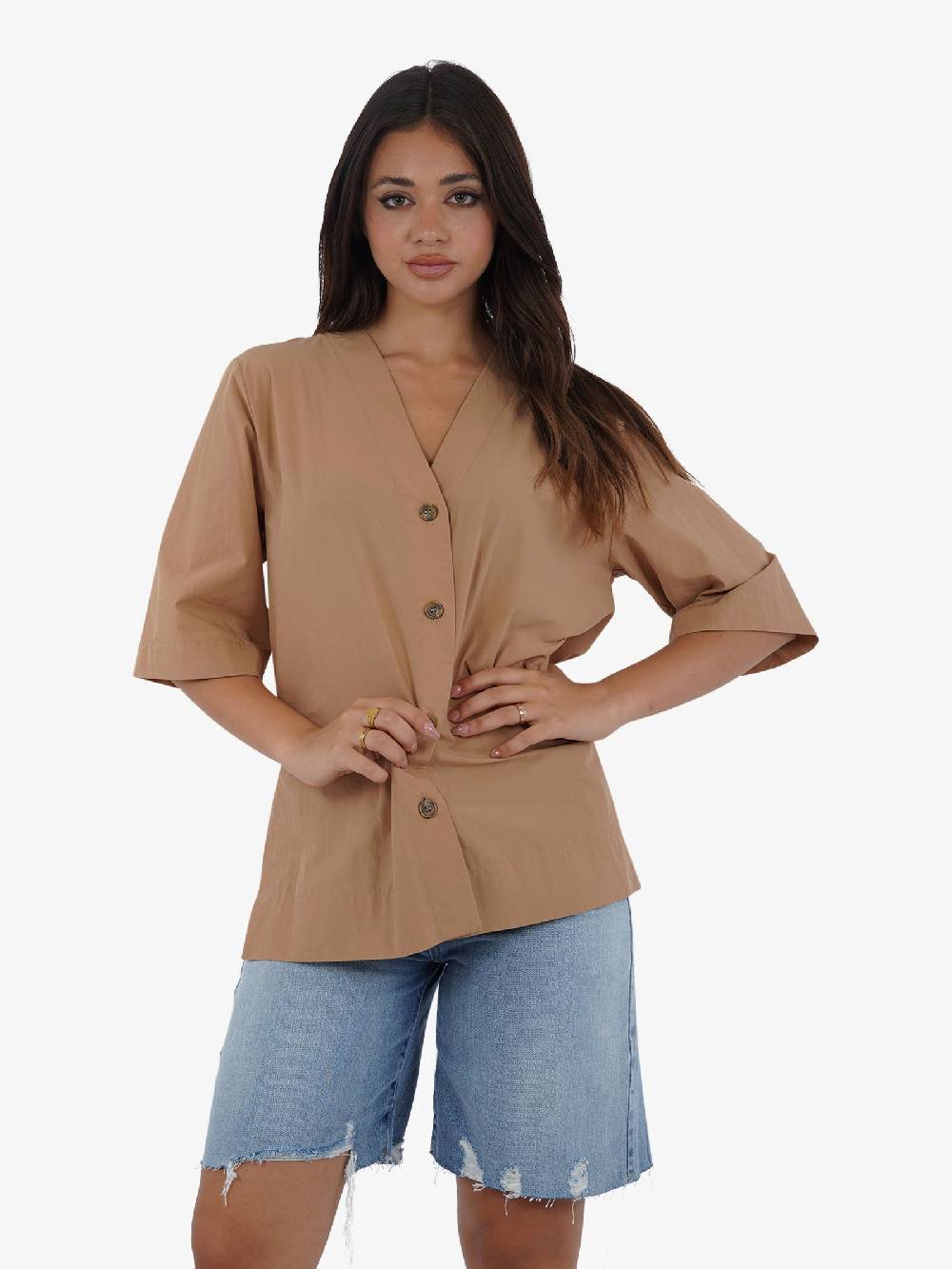 OTTOD'AME Camicia in popeline con mezza manica PCH_DC4940 donna cotone marrone