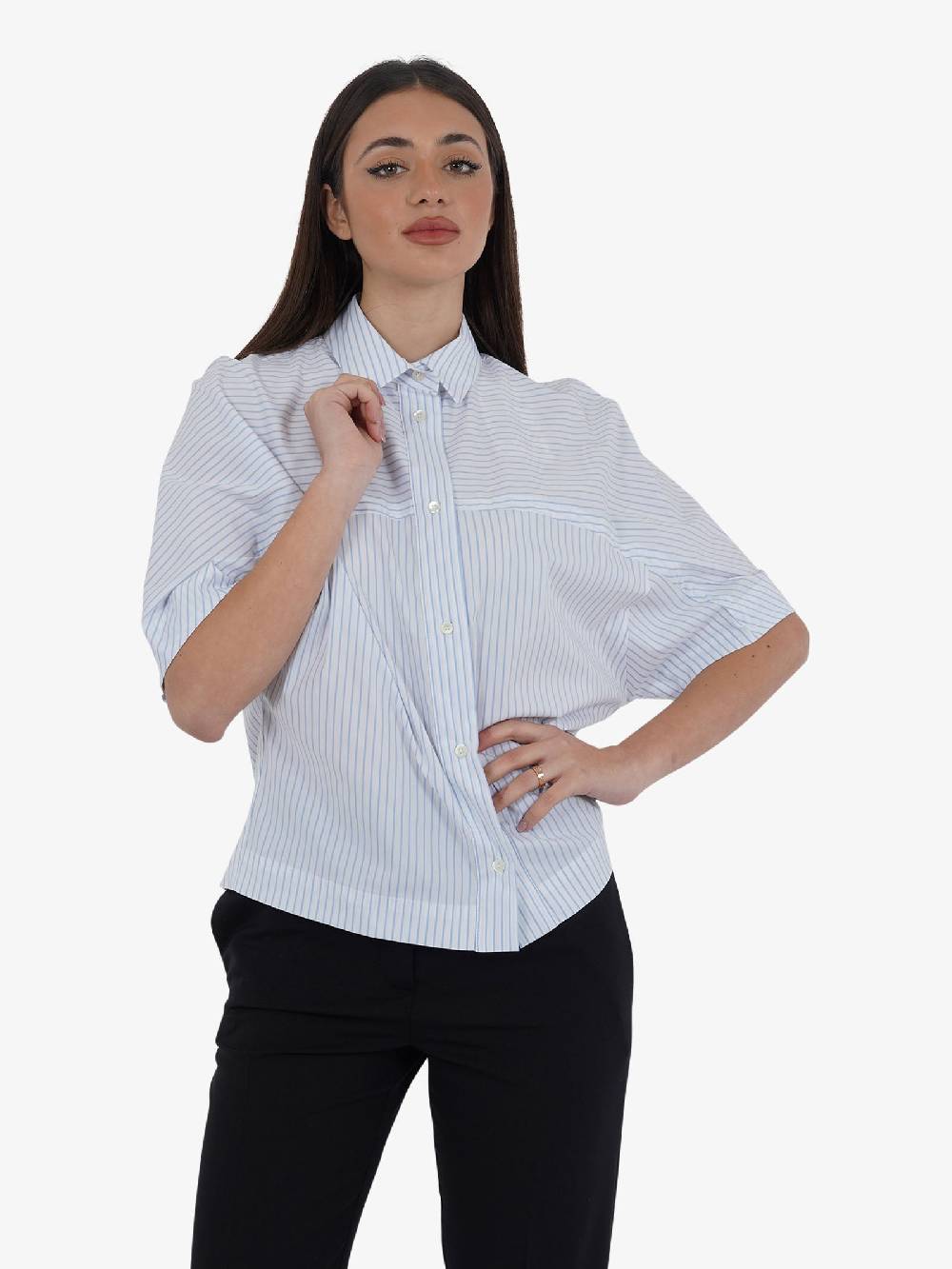SEMICOUTURE Camicia In Popeline Rigato Victoria Y4SK30 Donna Bianco/azzurro