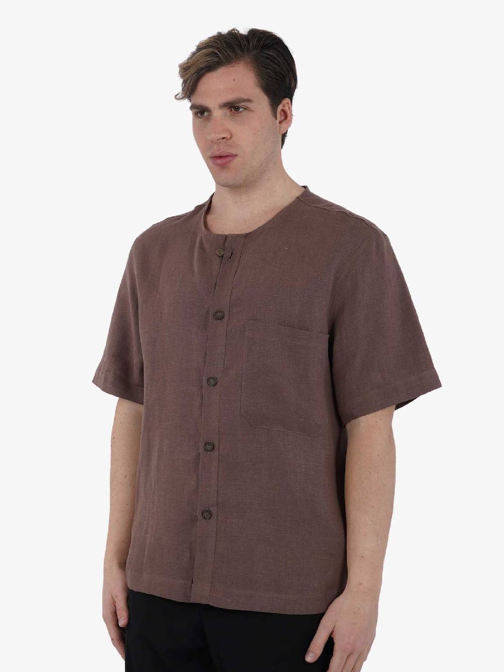 I'M BRIAN Camicia Serafino Mezza Manica CA2881 Uomo Lino Marrone