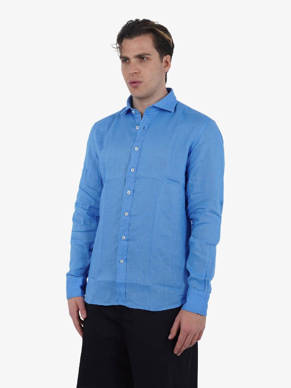 BASTONCINO Camicia Simo Collo 164 B050 Uomo Lino Azzurro
