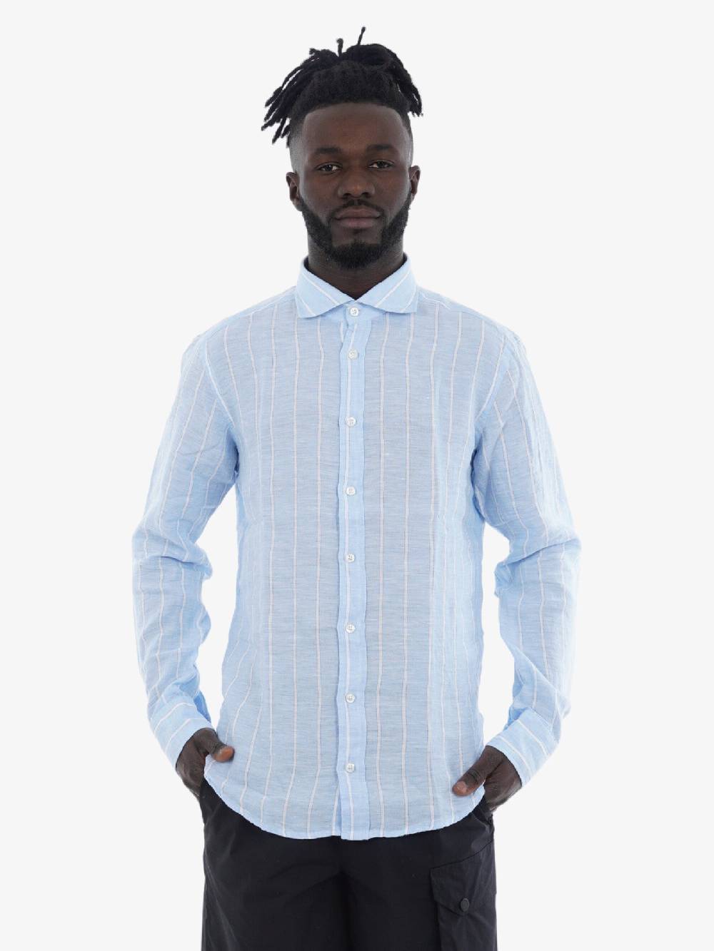 BASTONCINO Camicia Simo Collo 164 Uomo In Lino Azzurra