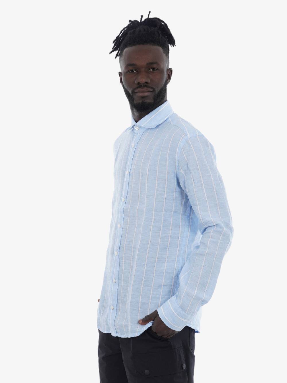 BASTONCINO Camicia Simo Collo 164 Uomo In Lino Azzurra