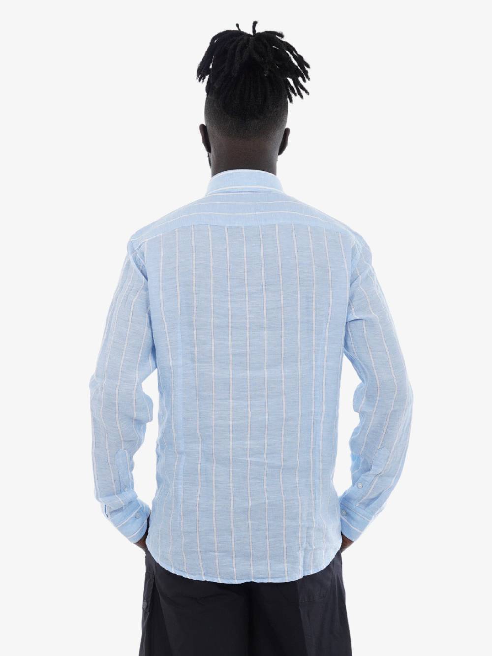 BASTONCINO Camicia Simo Collo 164 Uomo In Lino Azzurra