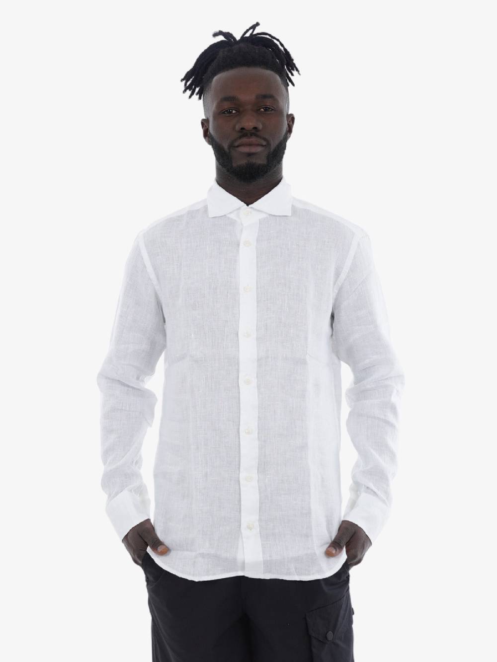 BASTONCINO Camicia Simo Collo 164 Uomo In Lino Bianco