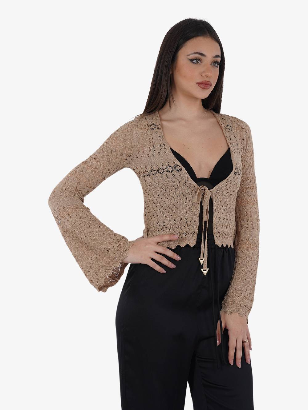 AKEP Capospalla Cropped In Punto Pizzo Lurex MGKD05070 Donna Viscosa Beige