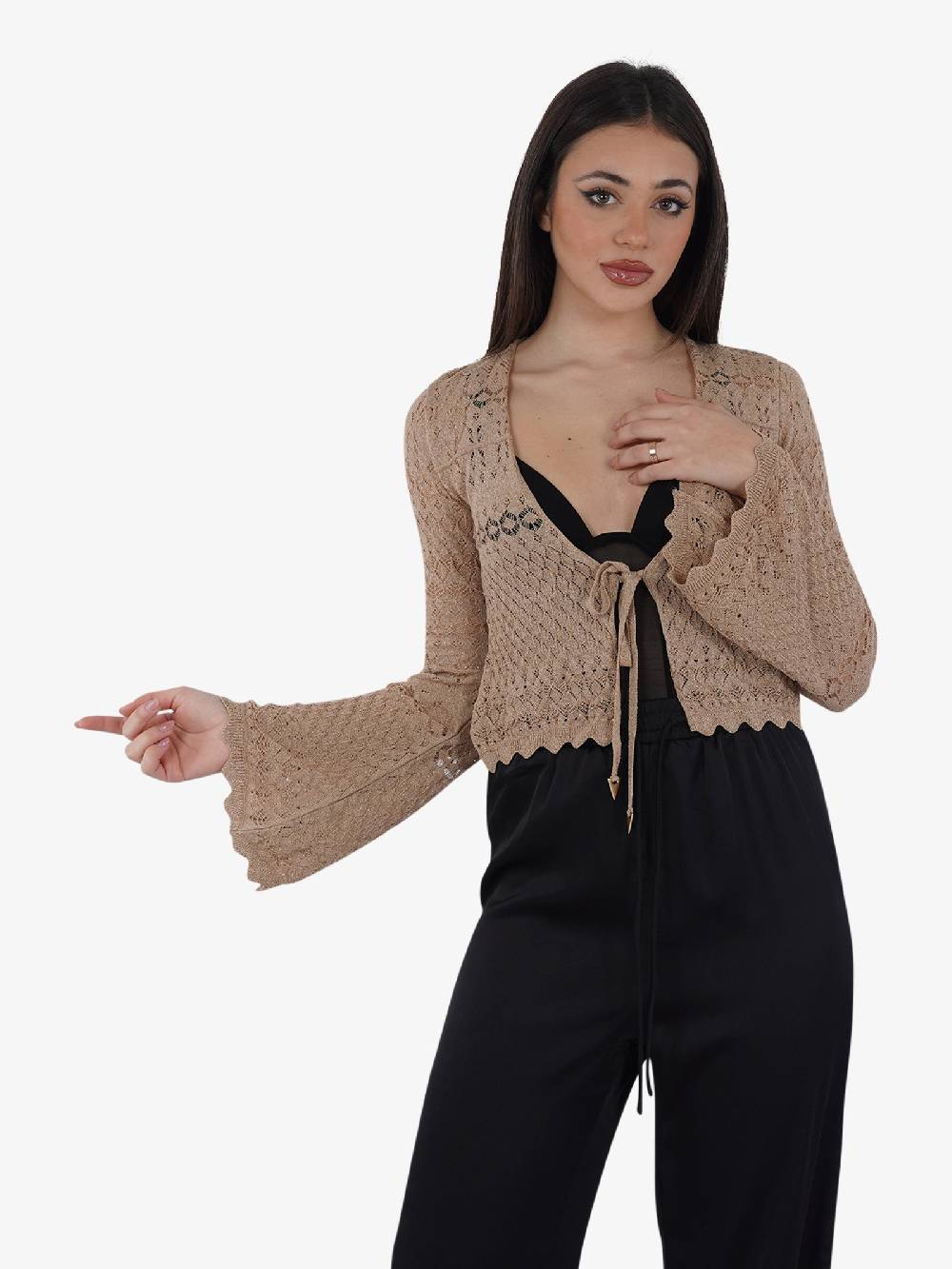 AKEP Capospalla cropped in punto pizzo lurex MGKD05070 donna viscosa beige