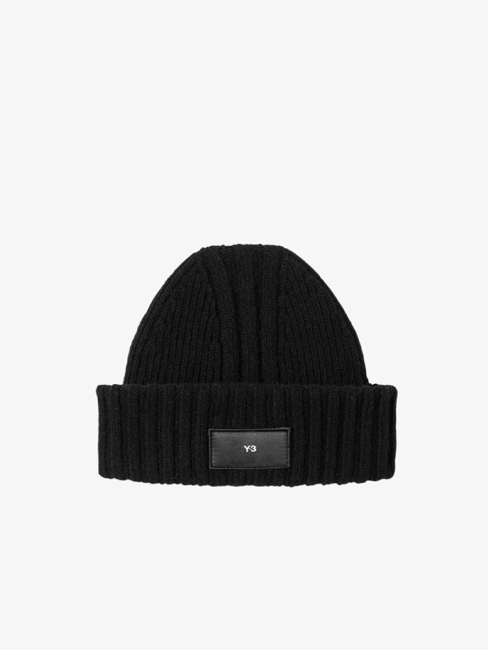 Y-3 Cappello Beanie uomo in lana nero con etichetta