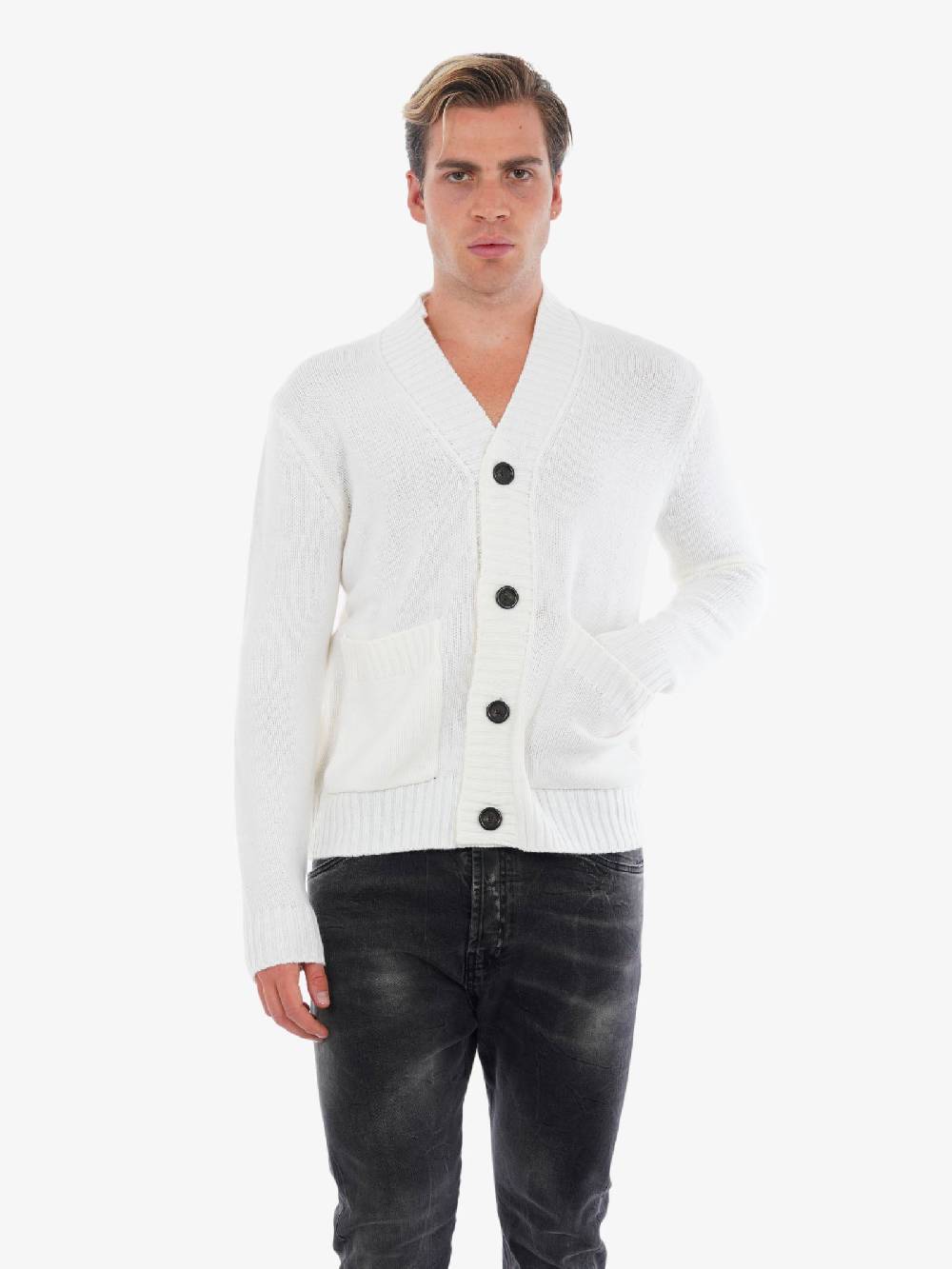 PAOLO PECORA Cardigan A Coste Uomo In Misto Lana Panna