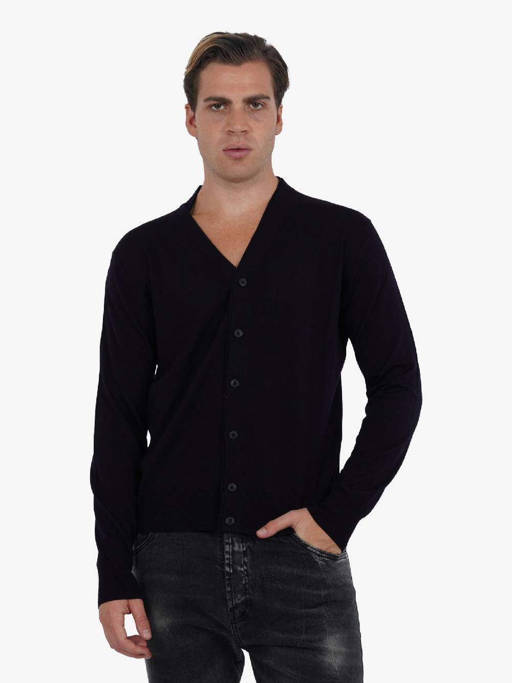LOW BRAND Cardigan K155 Doppio Girocollo Uomo In Lana Blu Scuro