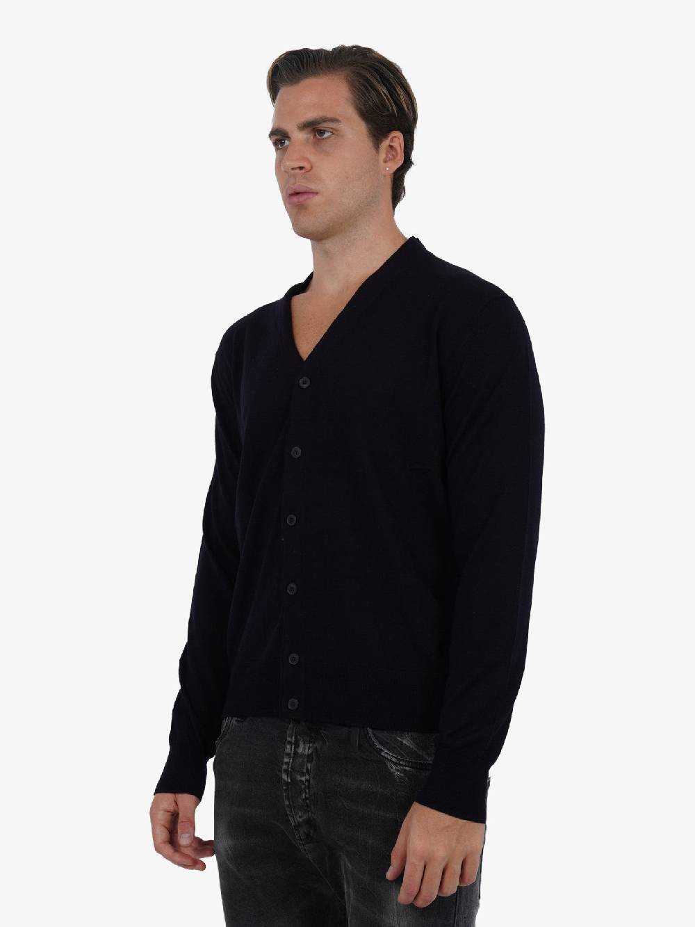 LOW BRAND Cardigan K155 Doppio Girocollo Uomo In Lana Blu Scuro