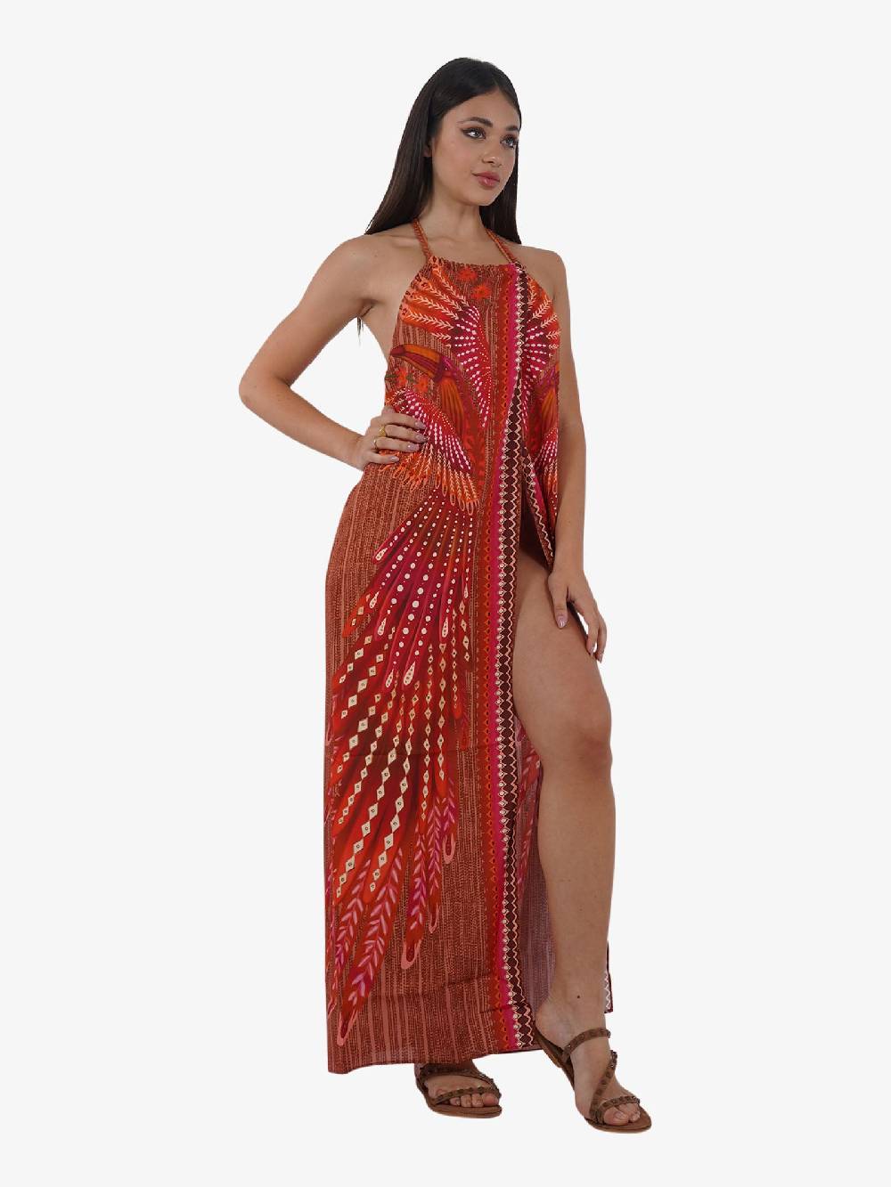 PIN UP Copricostume Abito Lungo Aperto Stampa WingsPE130A Donna Viscosa Marrone