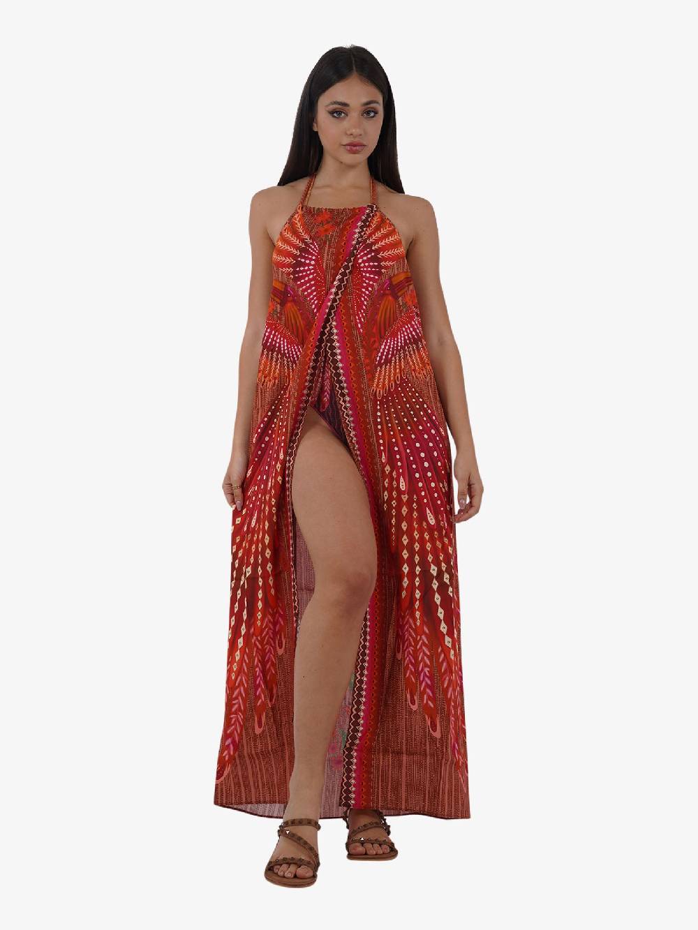 PIN UP Copricostume abito lungo aperto stampa wingsPE130A donna viscosa marrone