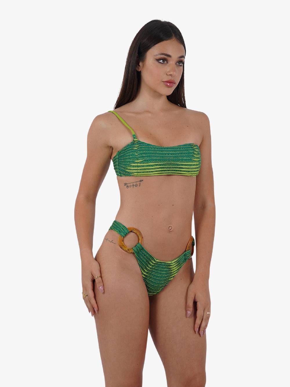 MISS BIKINI Costume Da Bagno Bikini A Fascia Monospalla Ondina Con Palline V4094S Donna Verde