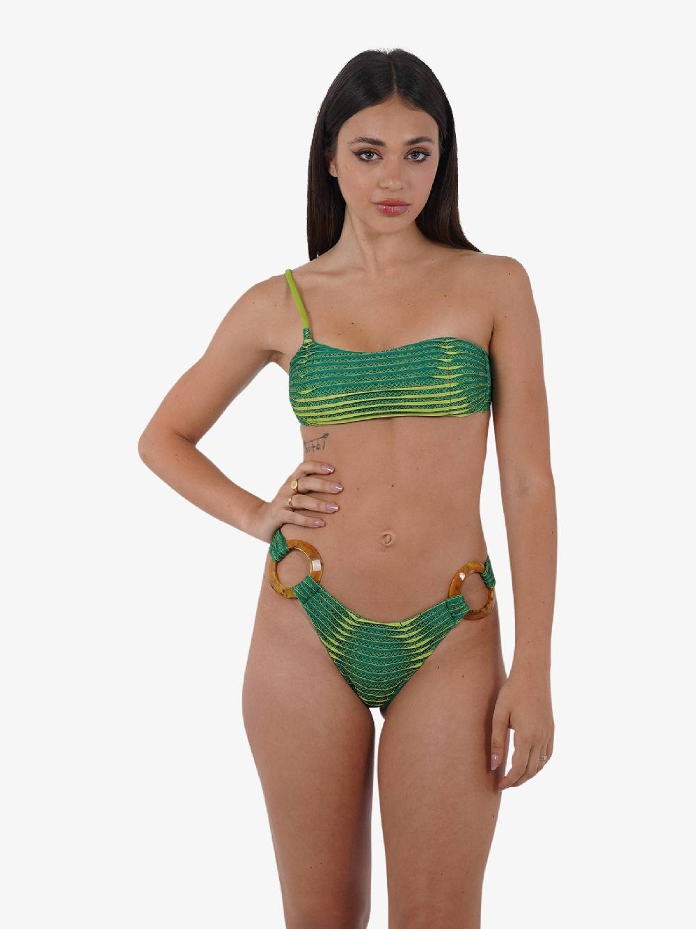 MISS BIKINI Costume da bagno bikini a fascia monospalla ondina con palline V4094S donna verde