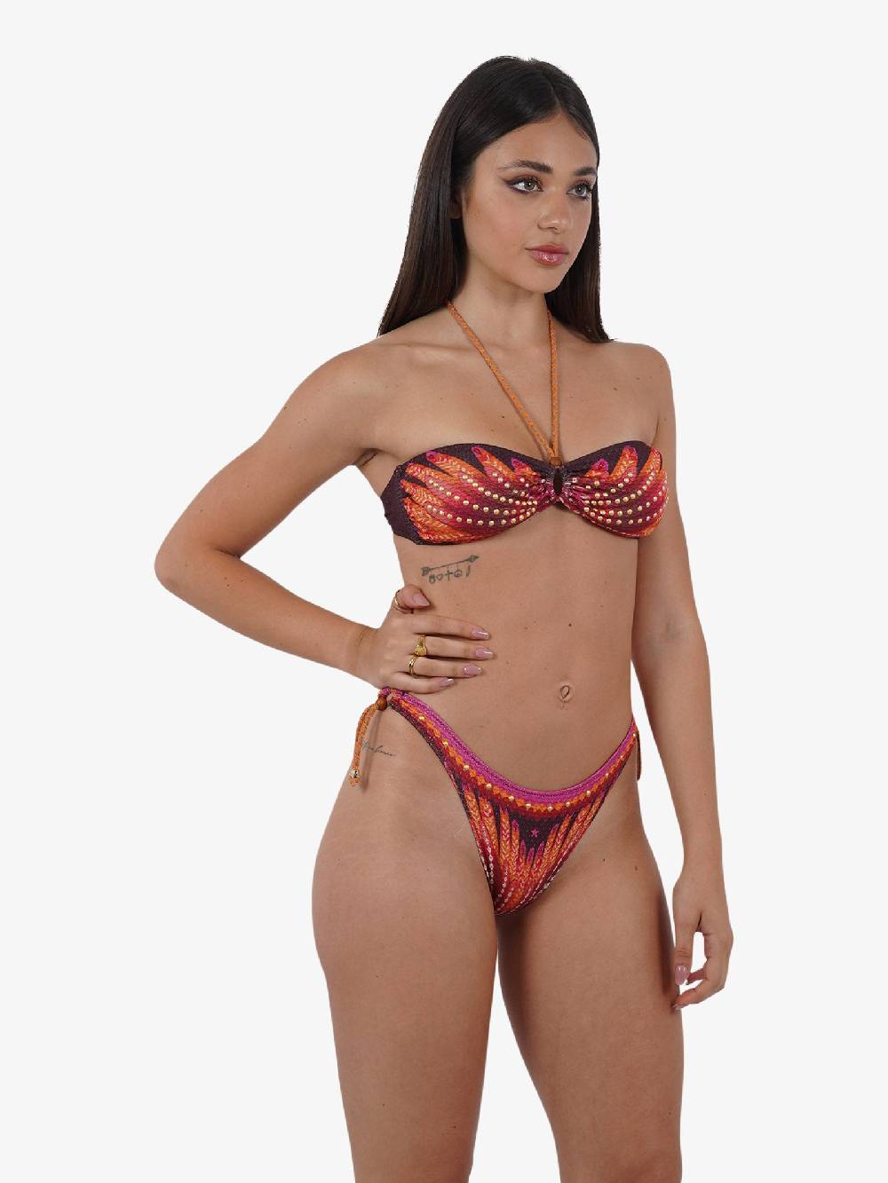 PIN UP Costume Da Bagno Bikini Fascia Con Borchie Stampa WingsPE031CF Donna Marrone