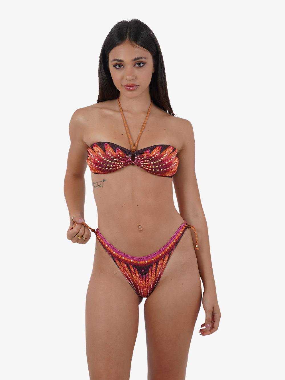 PIN UP Costume da bagno bikini fascia con borchie stampa wingsPE031CF donna marrone
