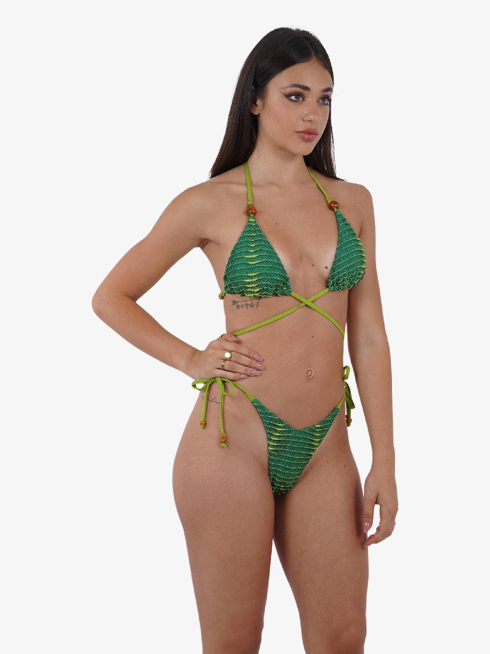 MISS BIKINI Costume Da Bagno Bikini Triangolo Ondina Con Palline V4093S Donna Verde