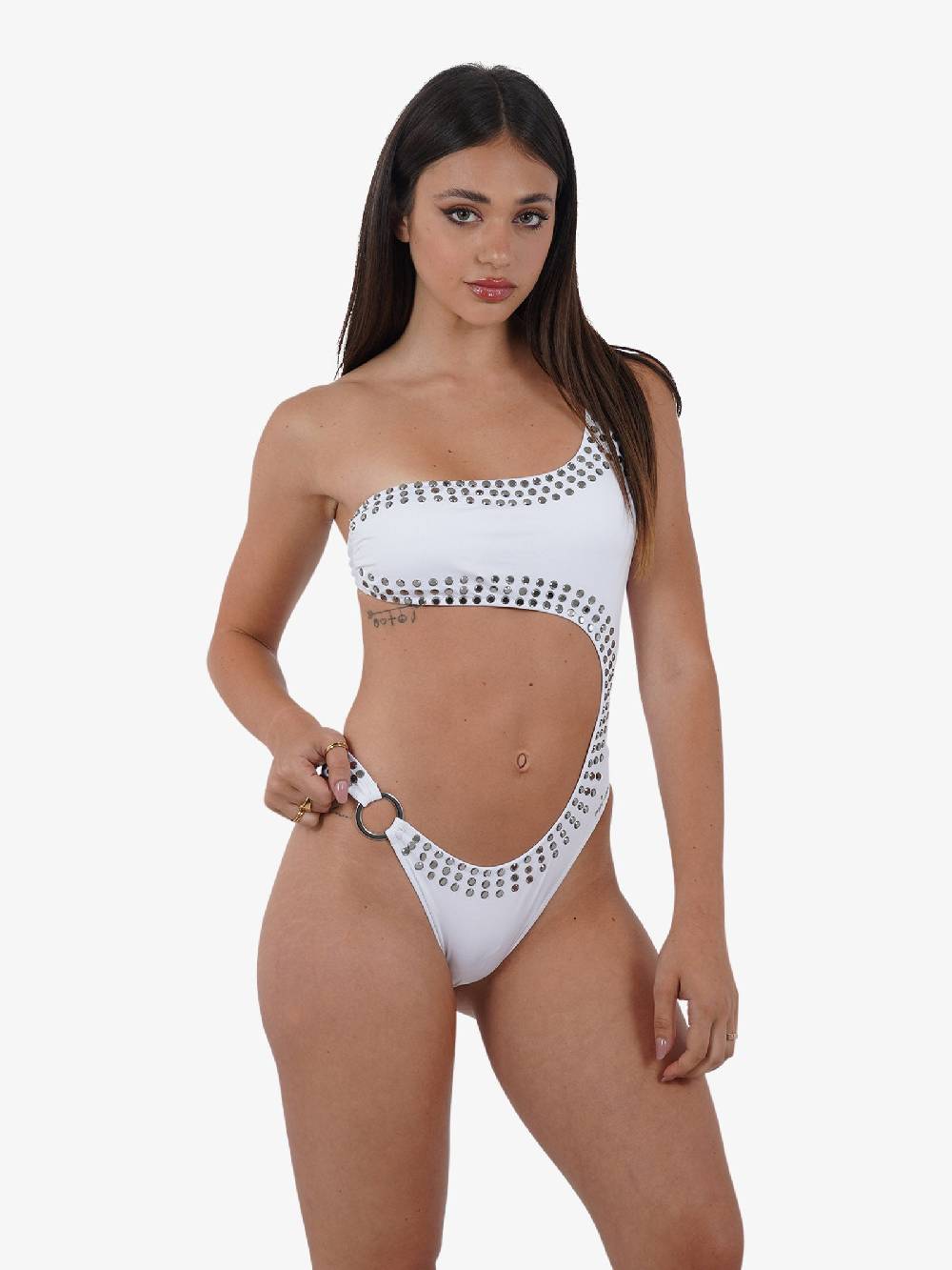 PIN UP Costume Da Bagno Intero Monospalla Con Cristalli PE022I Donna Bianco
