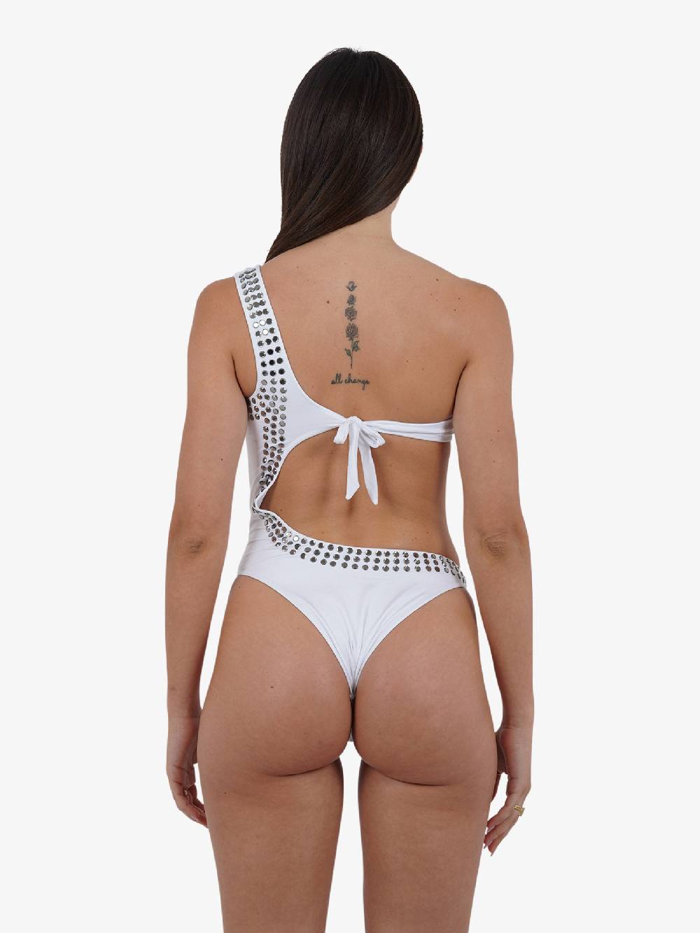PIN UP Costume Da Bagno Intero Monospalla Con Cristalli PE022I Donna Bianco