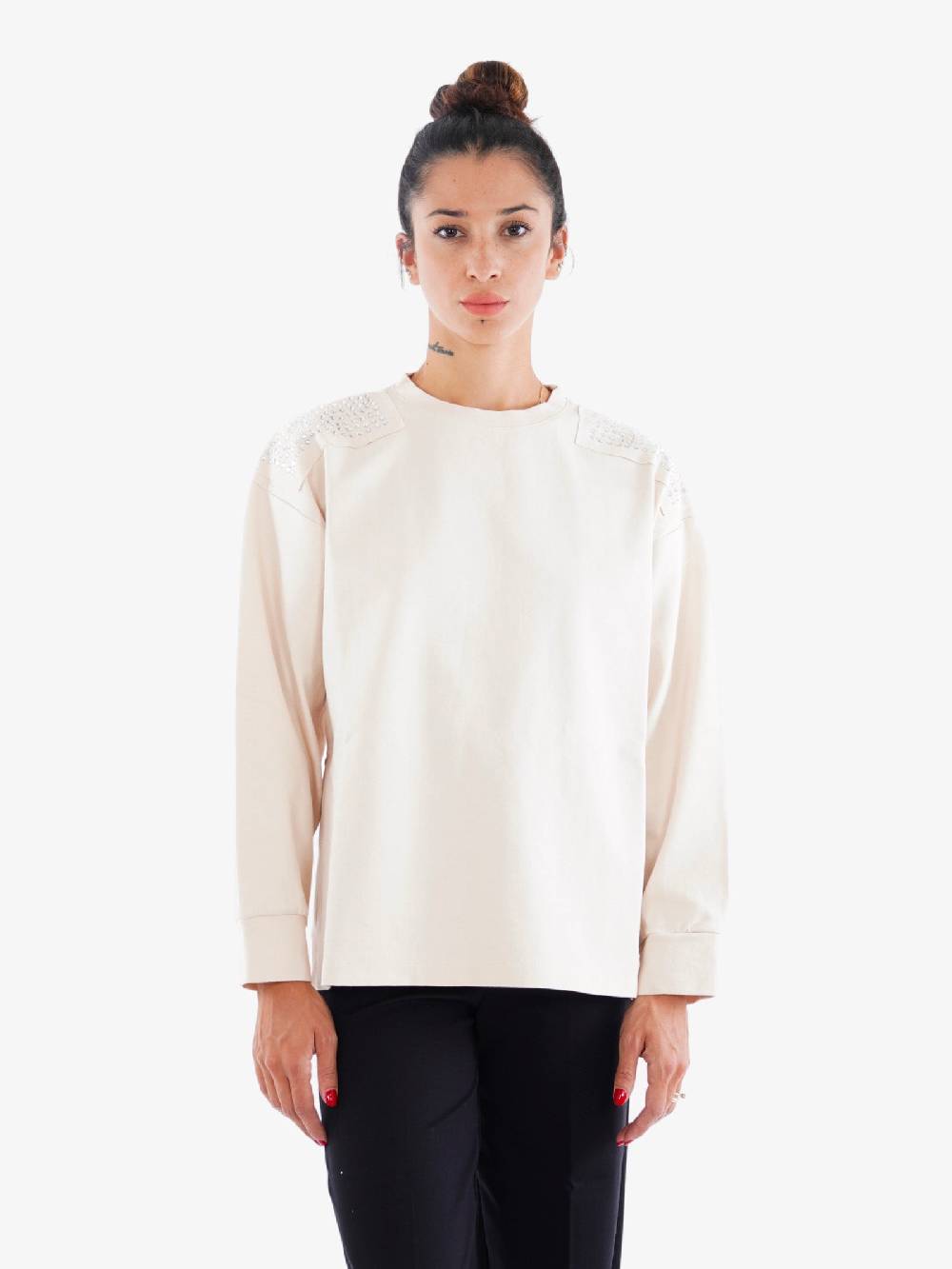 MARIUCCIA Felpa Girocollo In Viscosa Donna Panna Con Swarowski