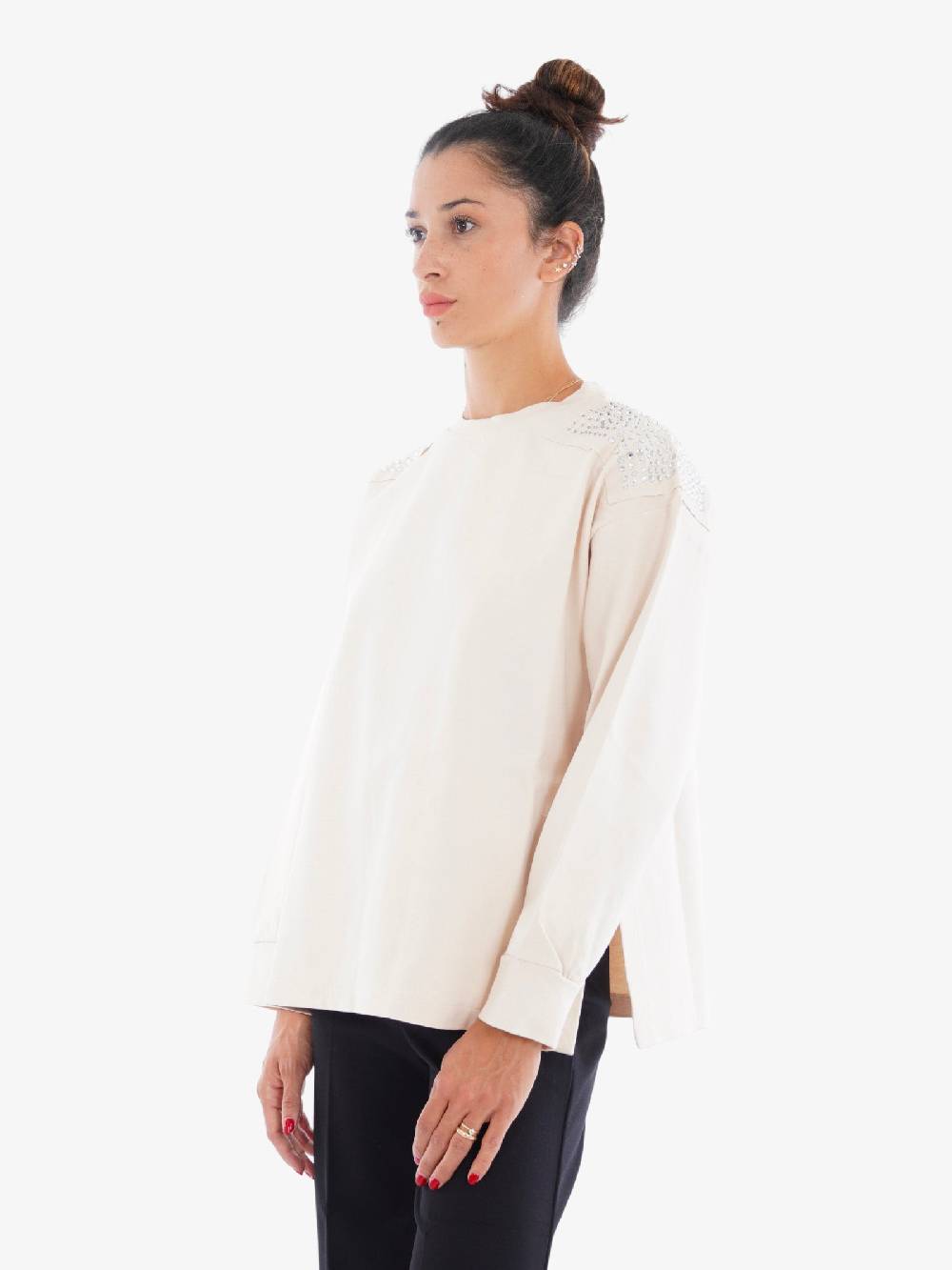 MARIUCCIA Felpa Girocollo In Viscosa Donna Panna Con Swarowski